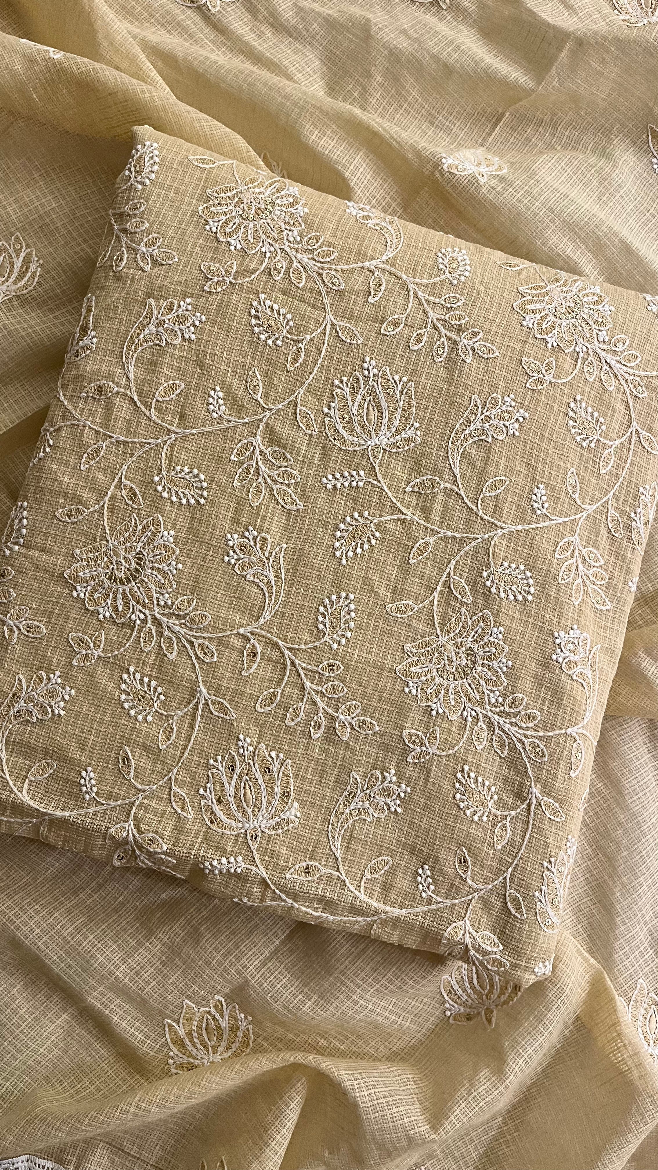 BEIGE COTTON EMBROIDERED UNSTITCHED SUIT WITH LACE DUPATTA
