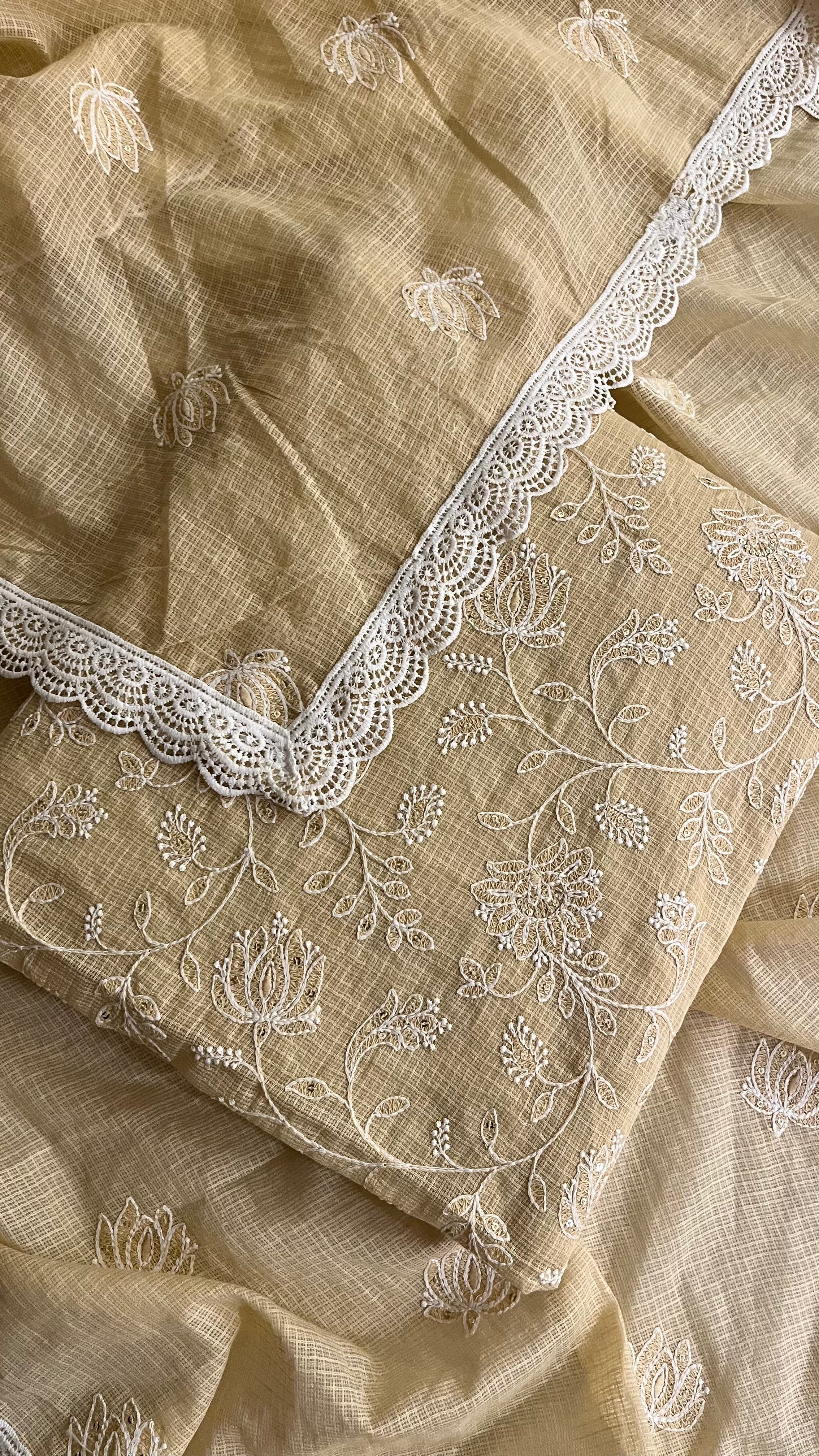 BEIGE COTTON EMBROIDERED UNSTITCHED SUIT WITH LACE DUPATTA