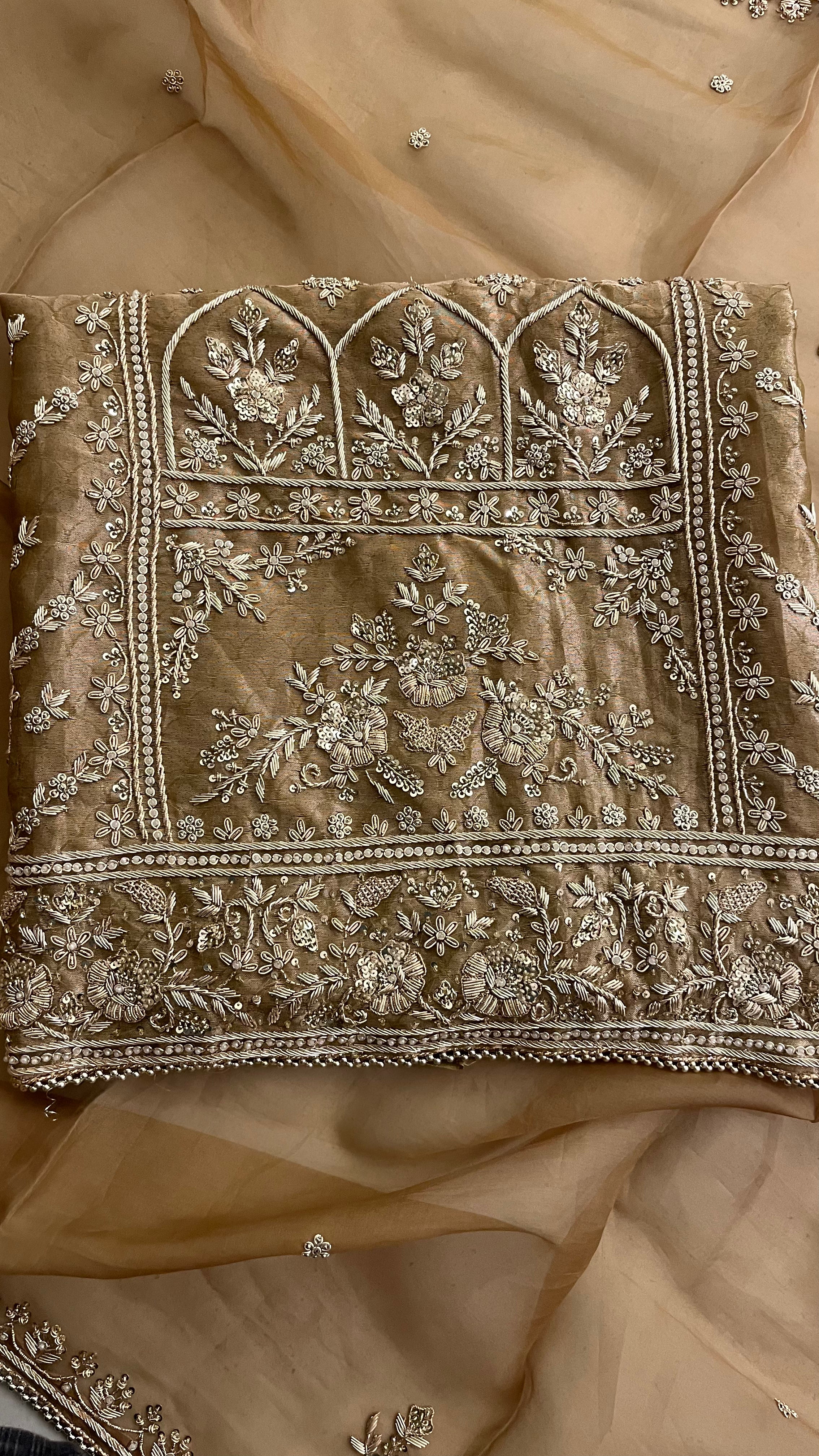 GOLDEN BEIGE HEAVY EMBROIDERED ORGANZA UNSTITCHED SUIT