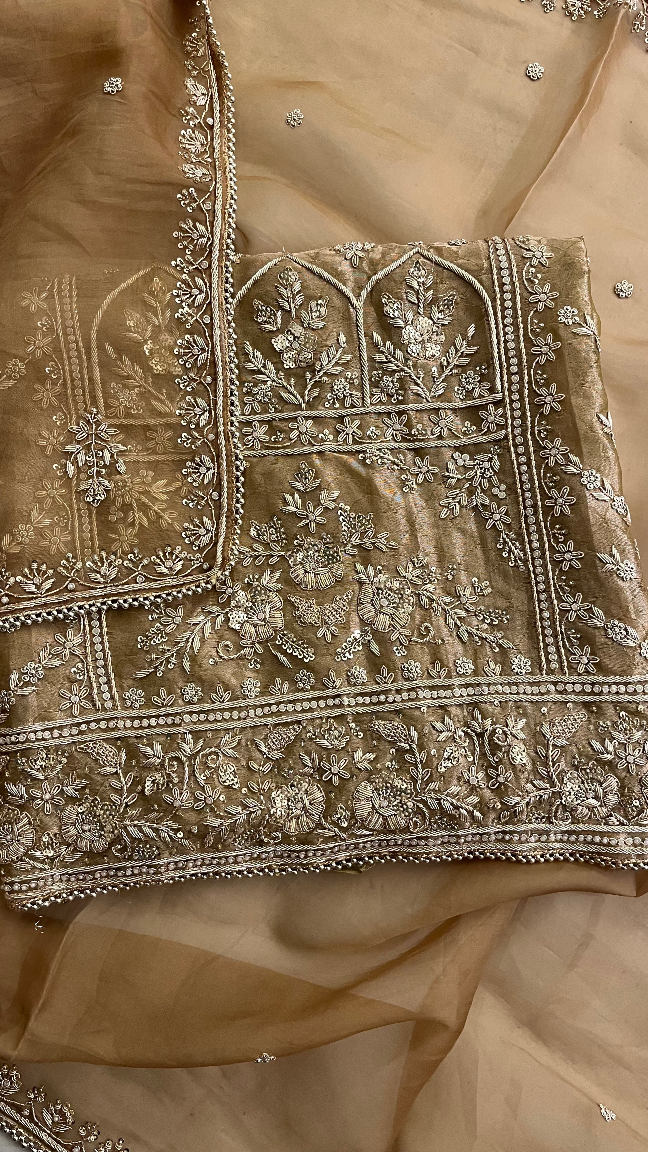 GOLDEN BEIGE HEAVY EMBROIDERED ORGANZA UNSTITCHED SUIT