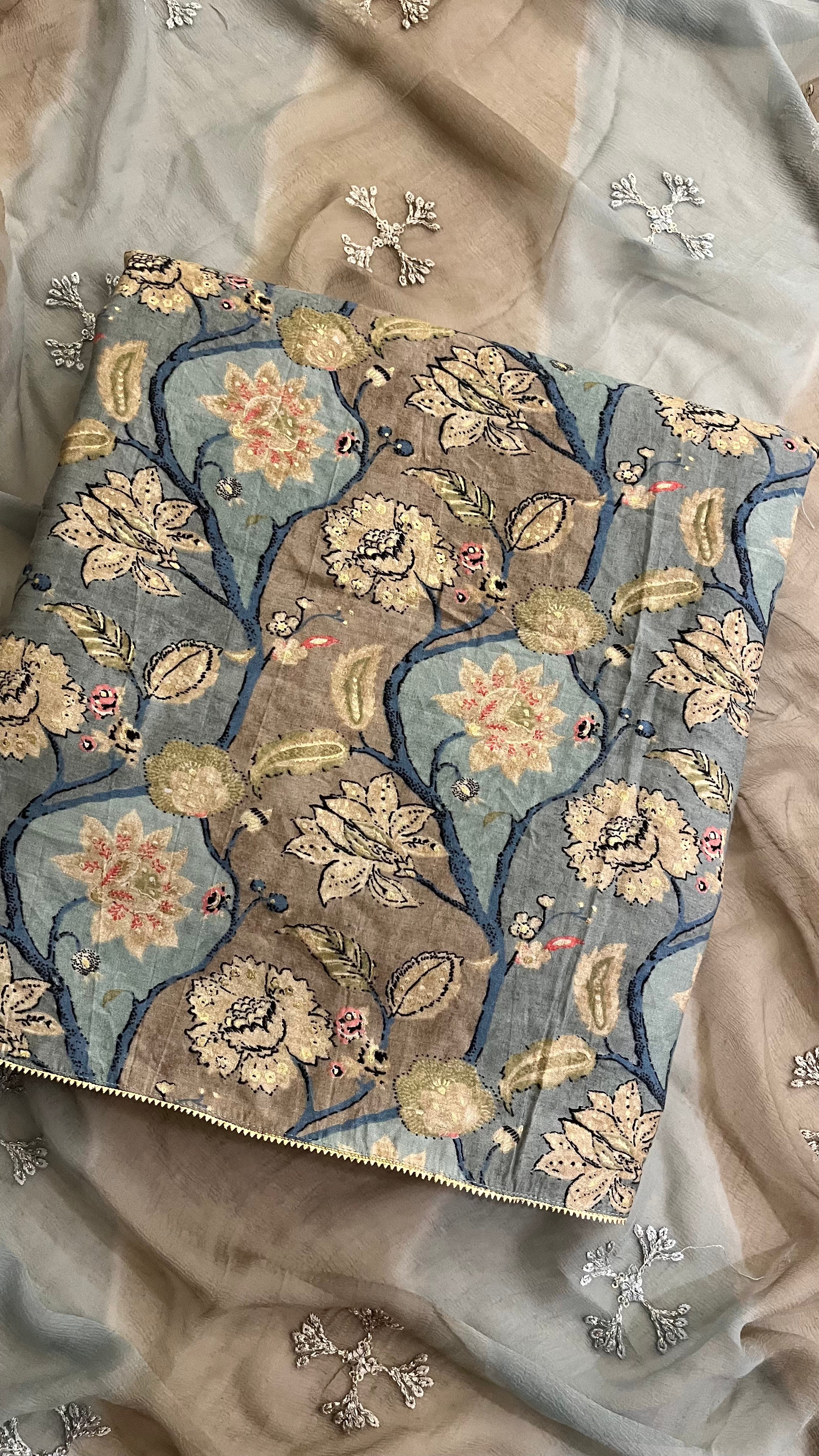 BLUE FLORAL PRINTED COTTON UNSTITCHED SUIT
