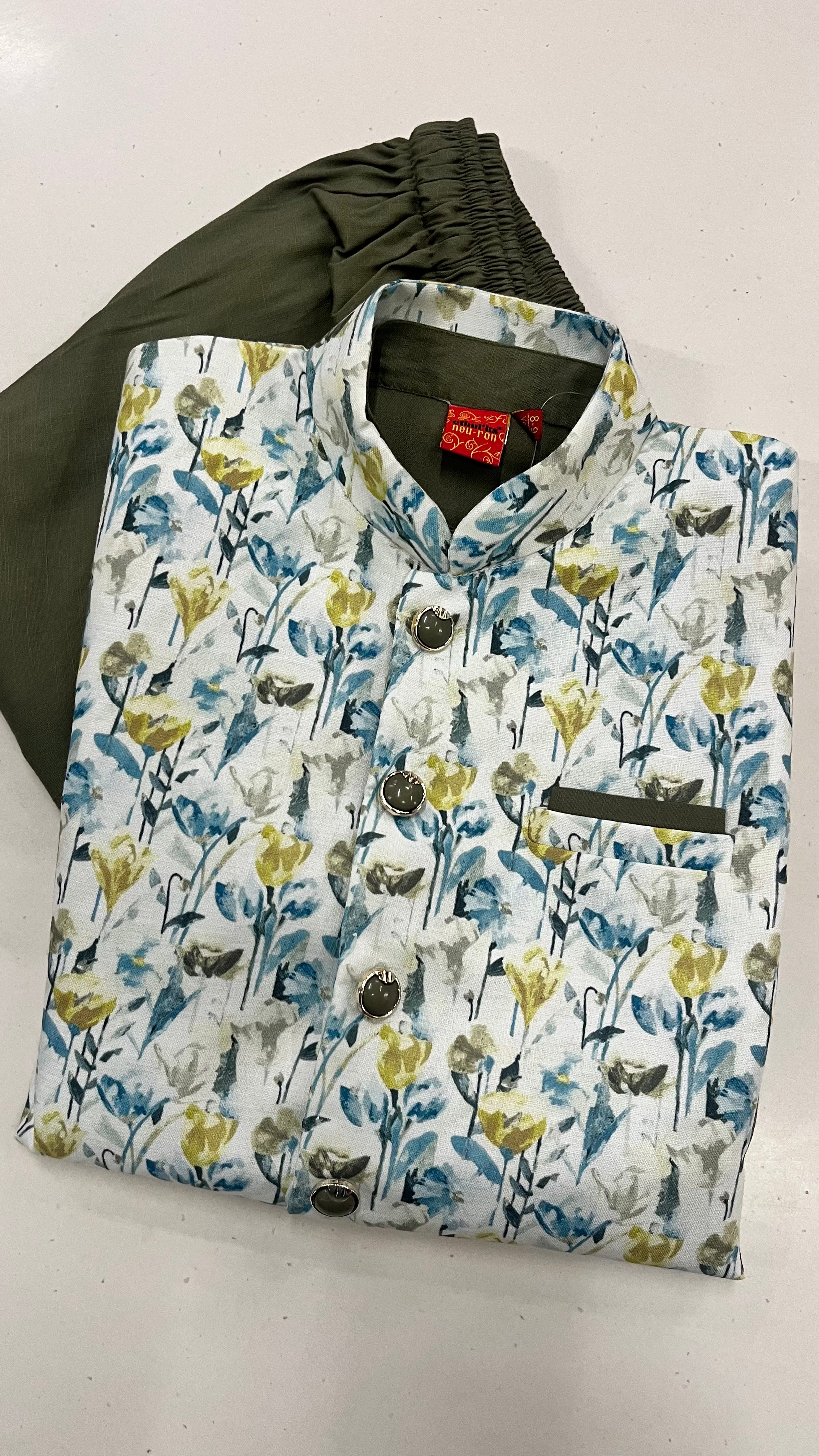 KIDS FLORAL PRINT NEHRU JACKET KURTA PAJAMA SET