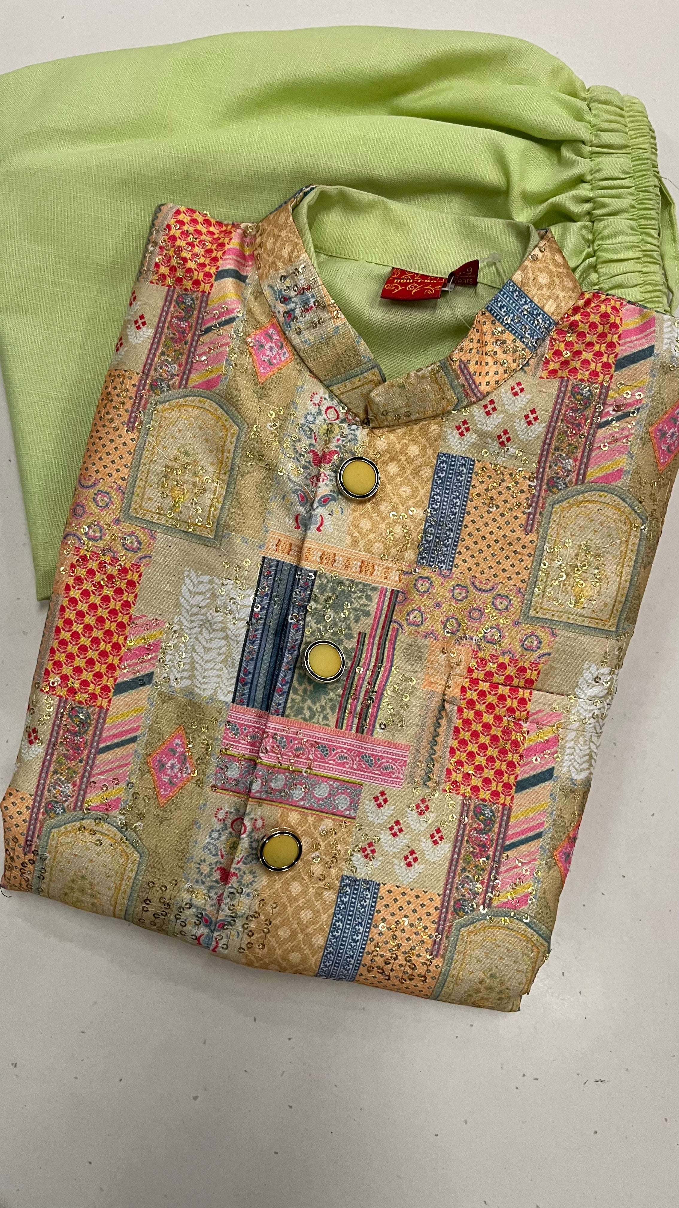 KIDS PRINTED NEHRU JACKET KURTA PAJAMA SET – LIGHT GREEN