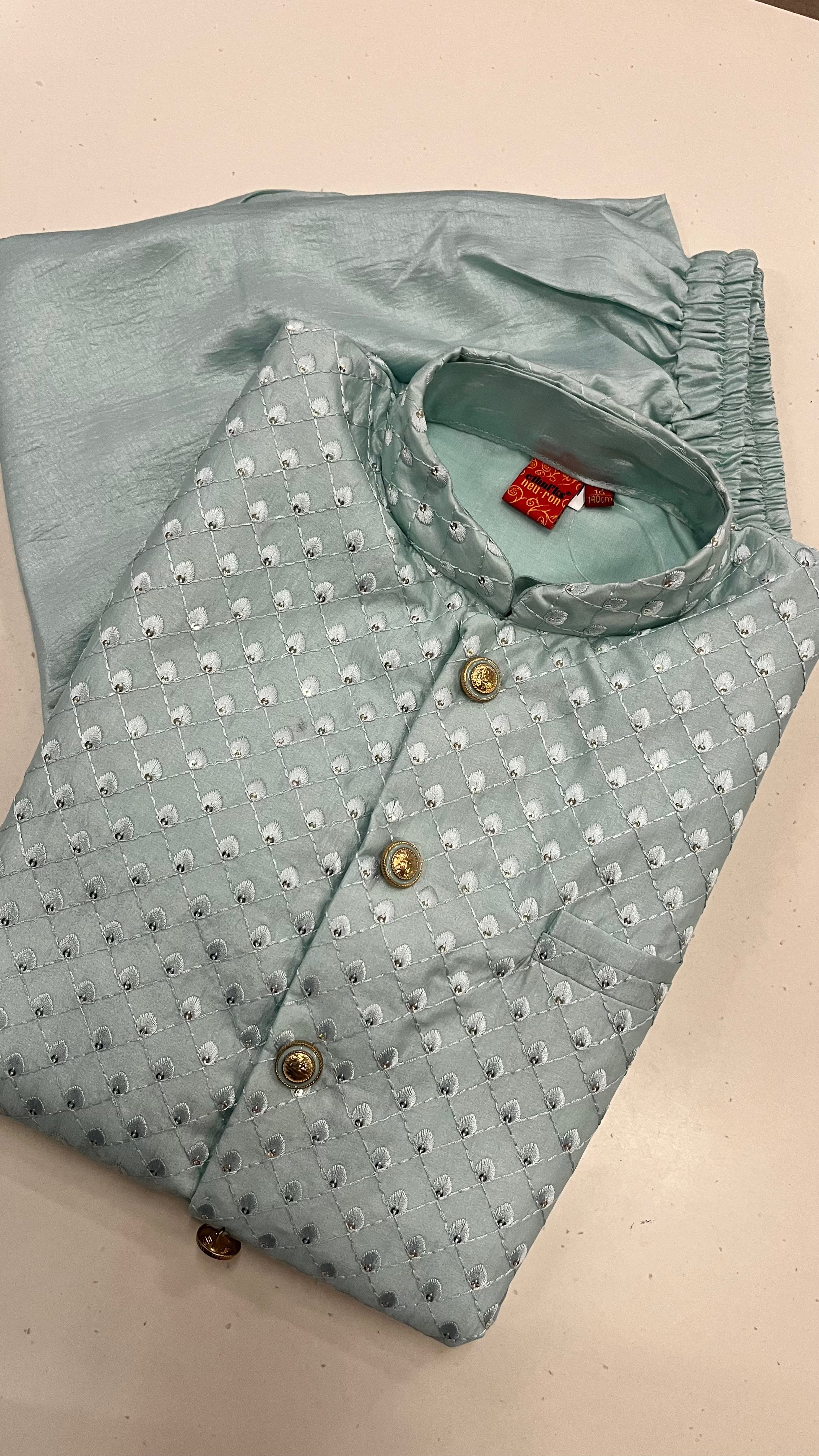 KIDS SELF-DESIGN NEHRU JACKET KURTA PAJAMA SET – SKY BLUE