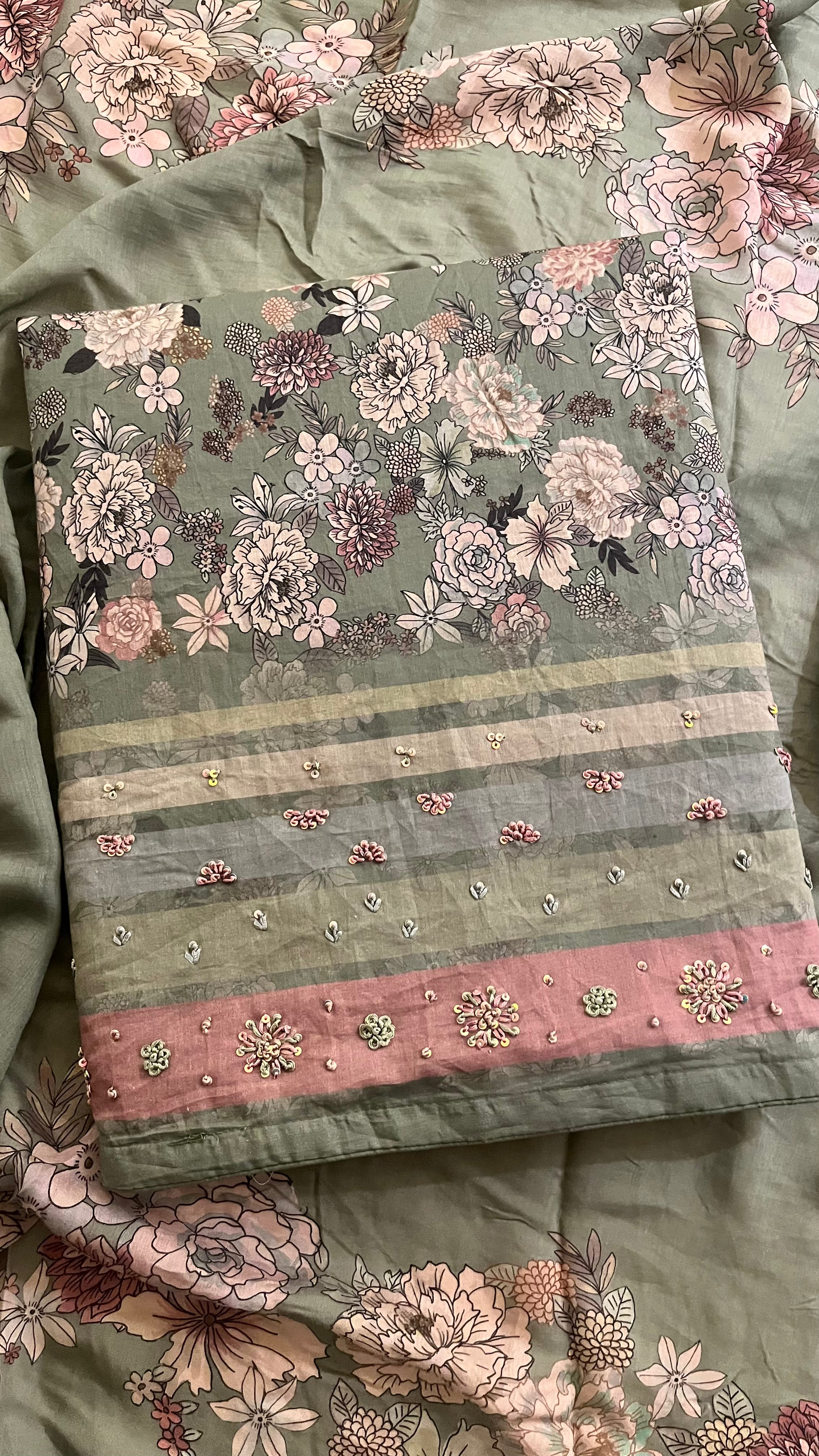 SAGE GREEN FLORAL PRINTED UNSTITCHED SUIT SET