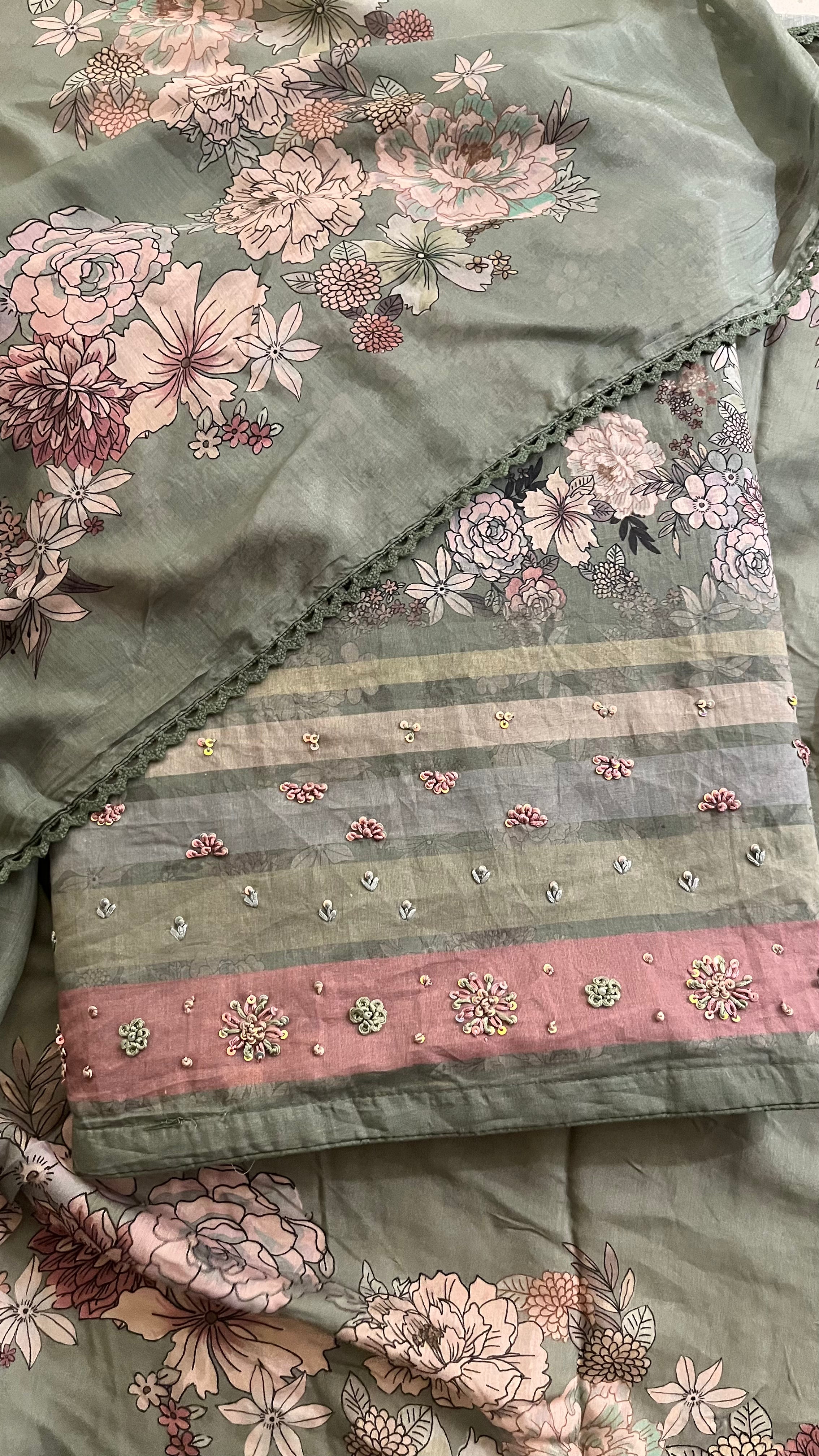 SAGE GREEN FLORAL PRINTED UNSTITCHED SUIT SET