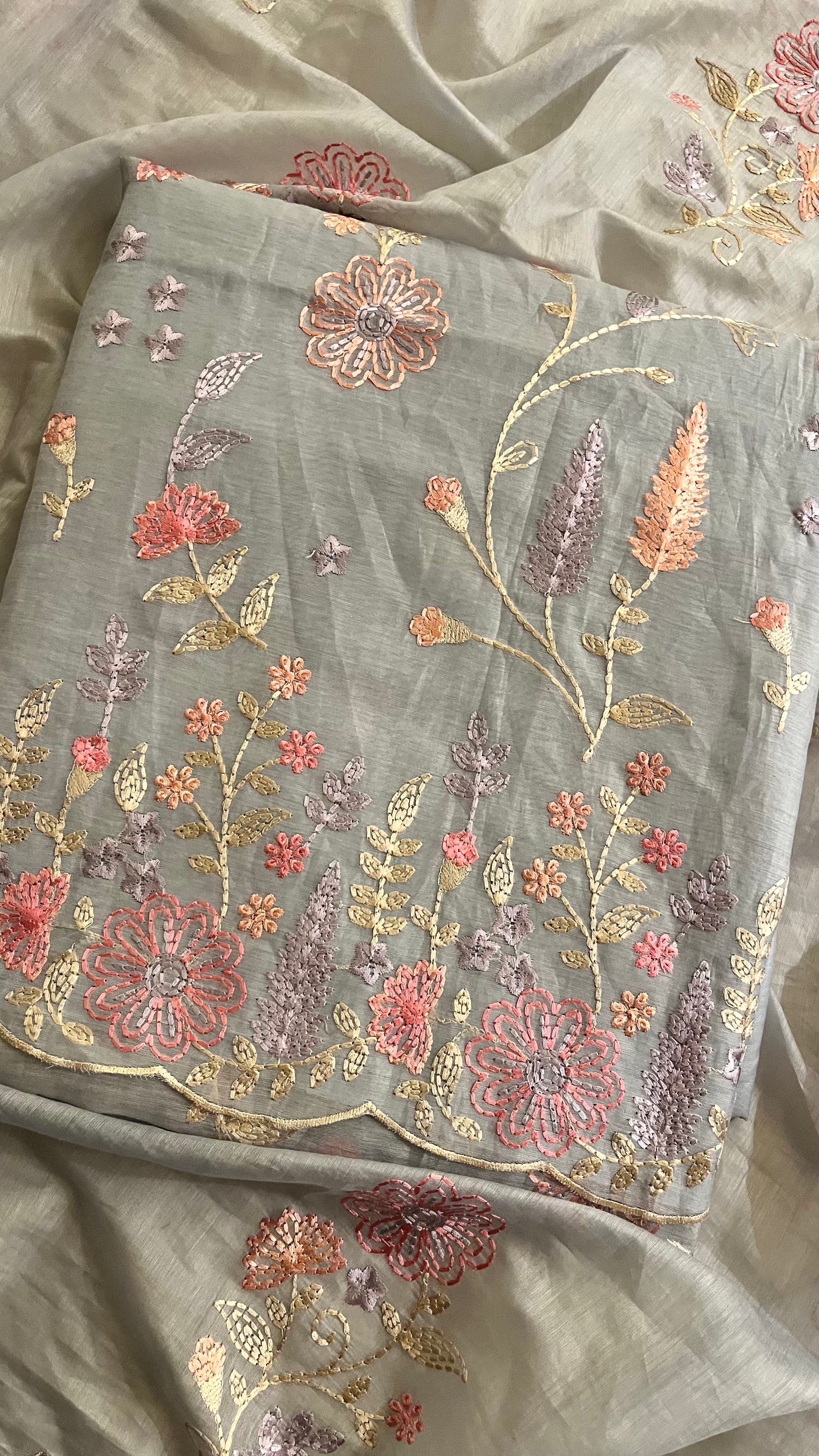 GREY FLORAL EMBROIDERED UNSTITCHED SUIT SET
