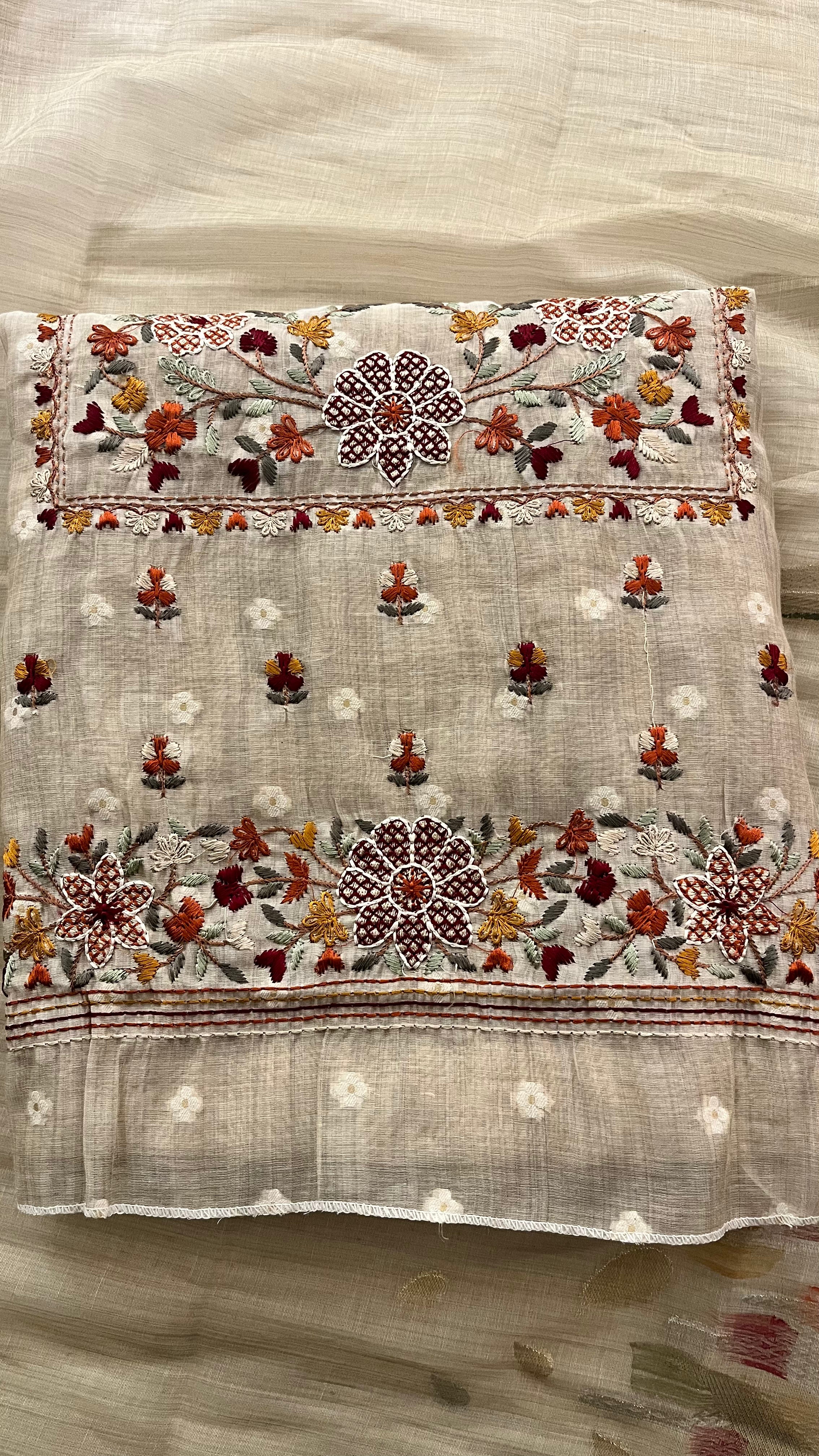 BEIGE FLORAL EMBROIDERED UNSTITCHED SUIT SET