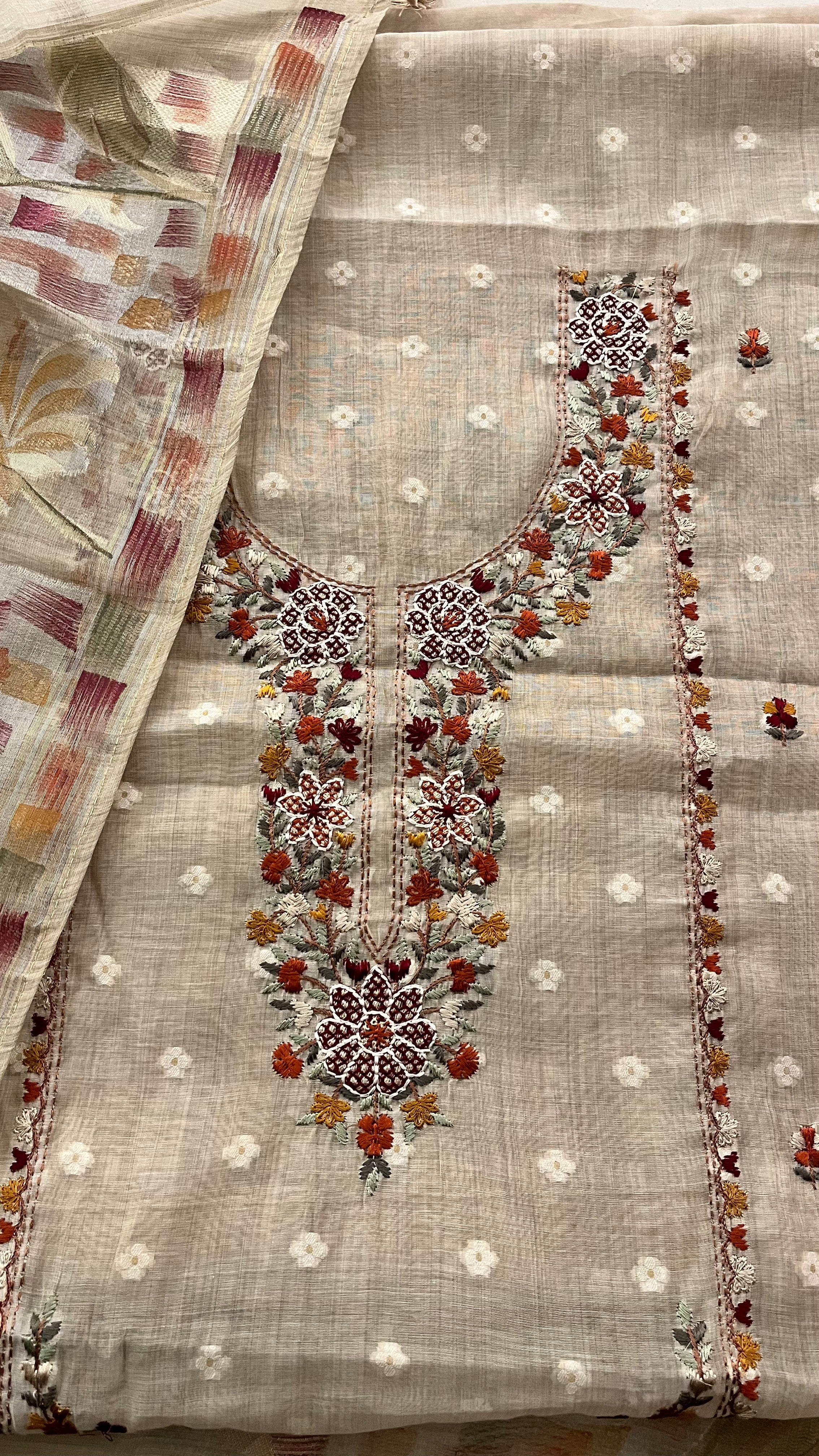 BEIGE FLORAL EMBROIDERED UNSTITCHED SUIT SET