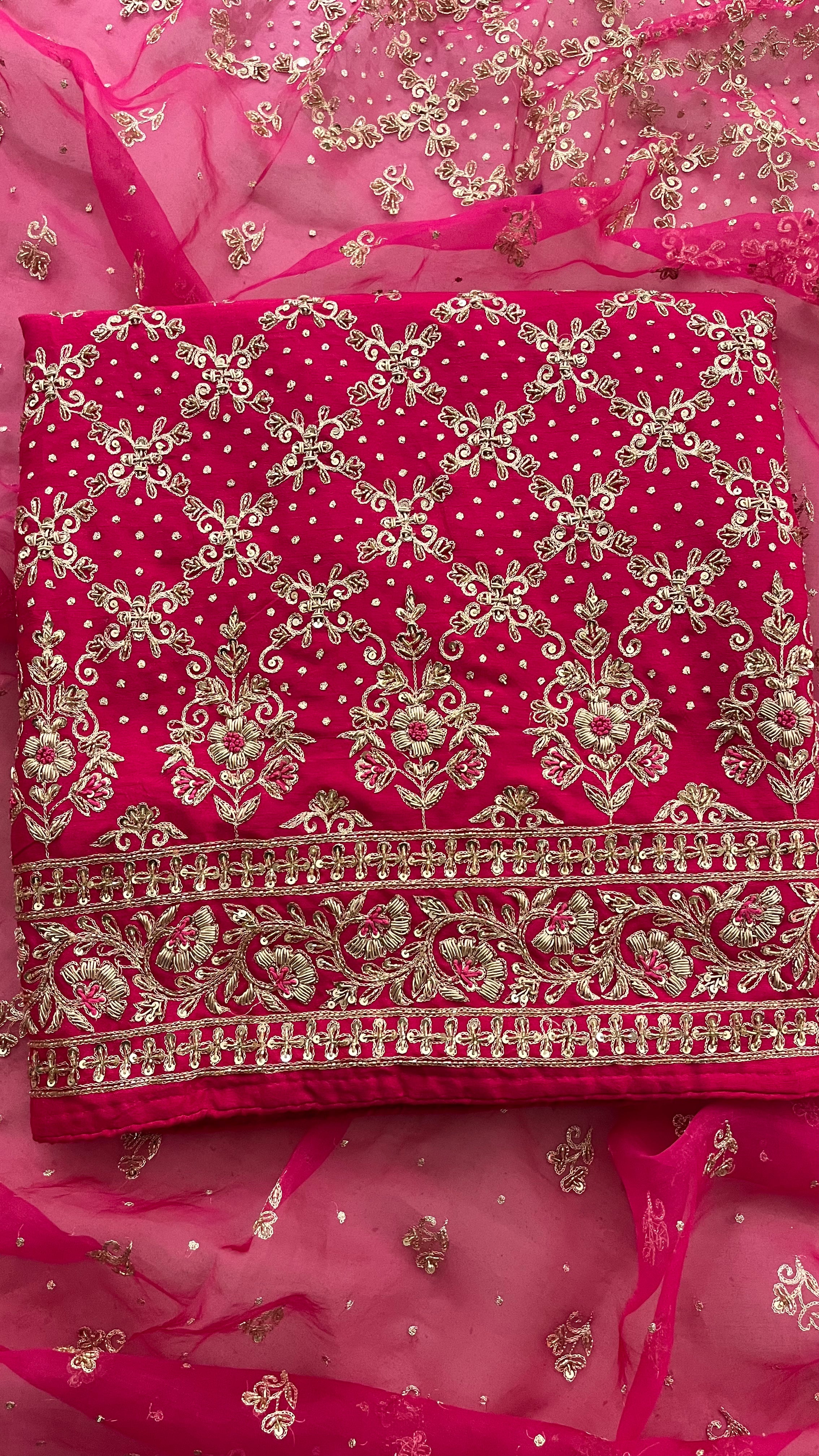 RANI PINK HEAVY EMBROIDERED UNSTITCHED SUIT SET