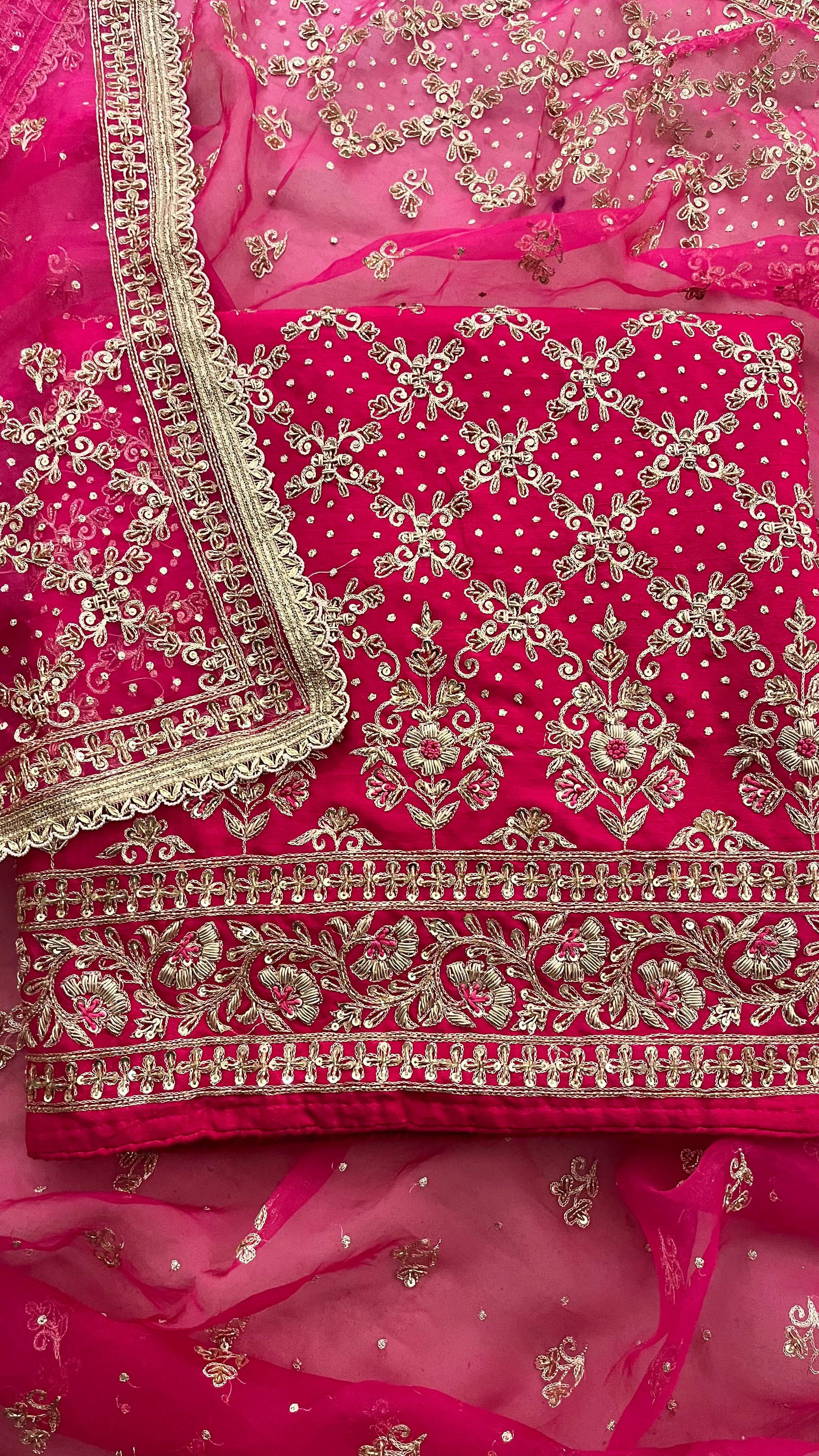 RANI PINK HEAVY EMBROIDERED UNSTITCHED SUIT SET