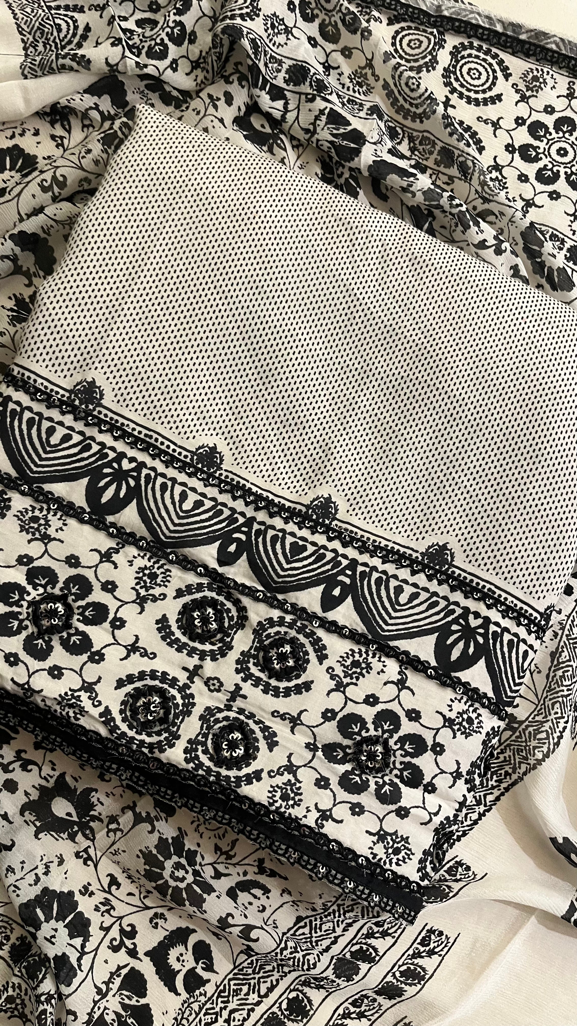 BLACK & WHITE PRINTED UNSTITCHED SUIT SET