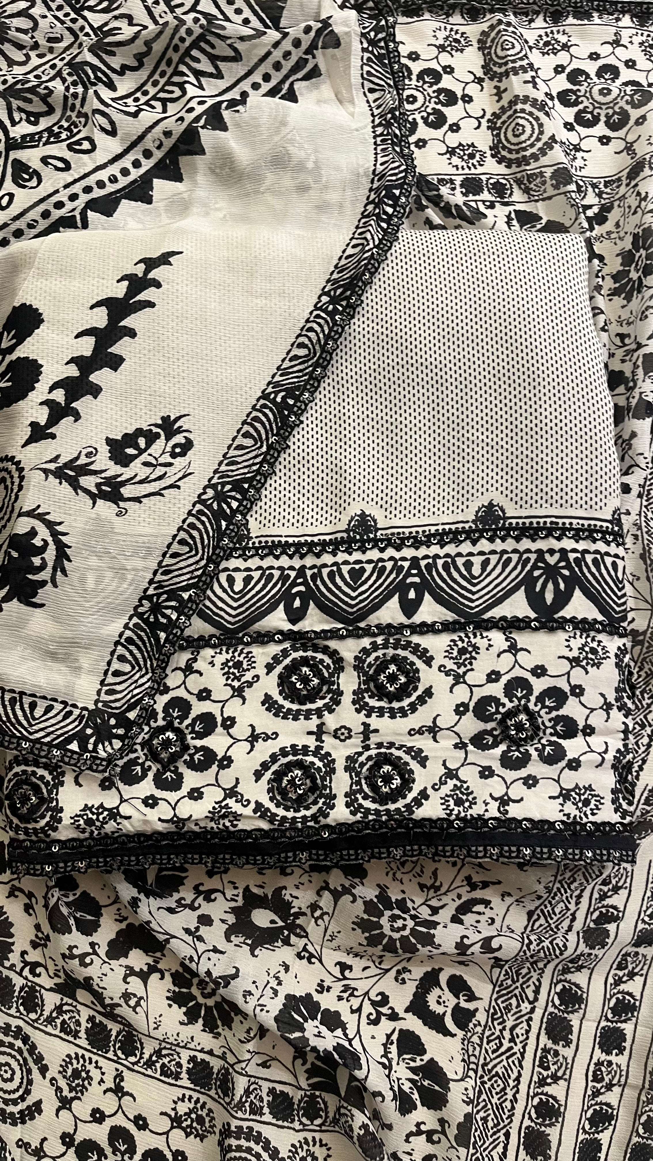 BLACK & WHITE PRINTED UNSTITCHED SUIT SET