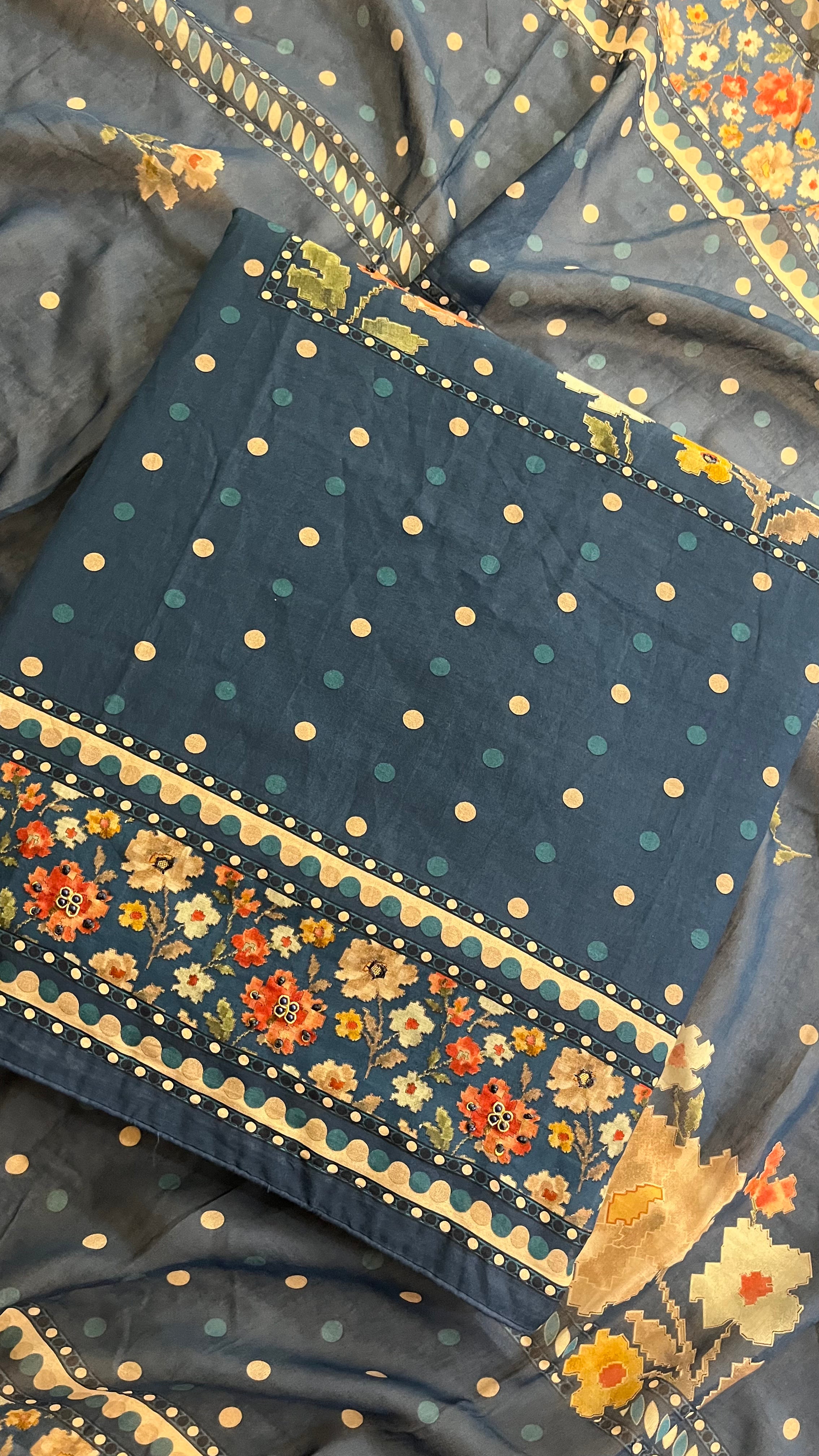 NAVY BLUE FLORAL PRINTED UNSTITCHED SUIT SET