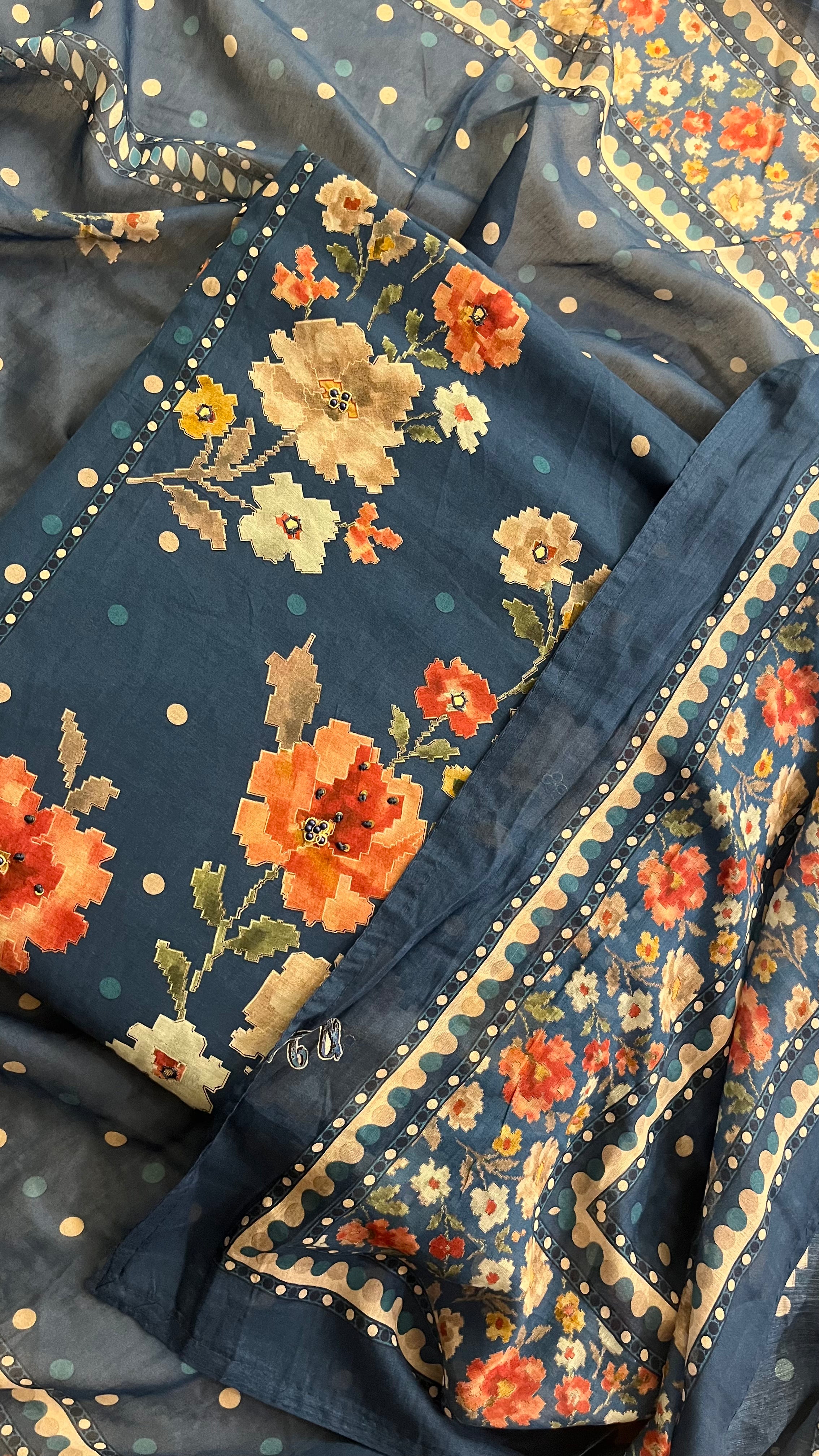 NAVY BLUE FLORAL PRINTED UNSTITCHED SUIT SET