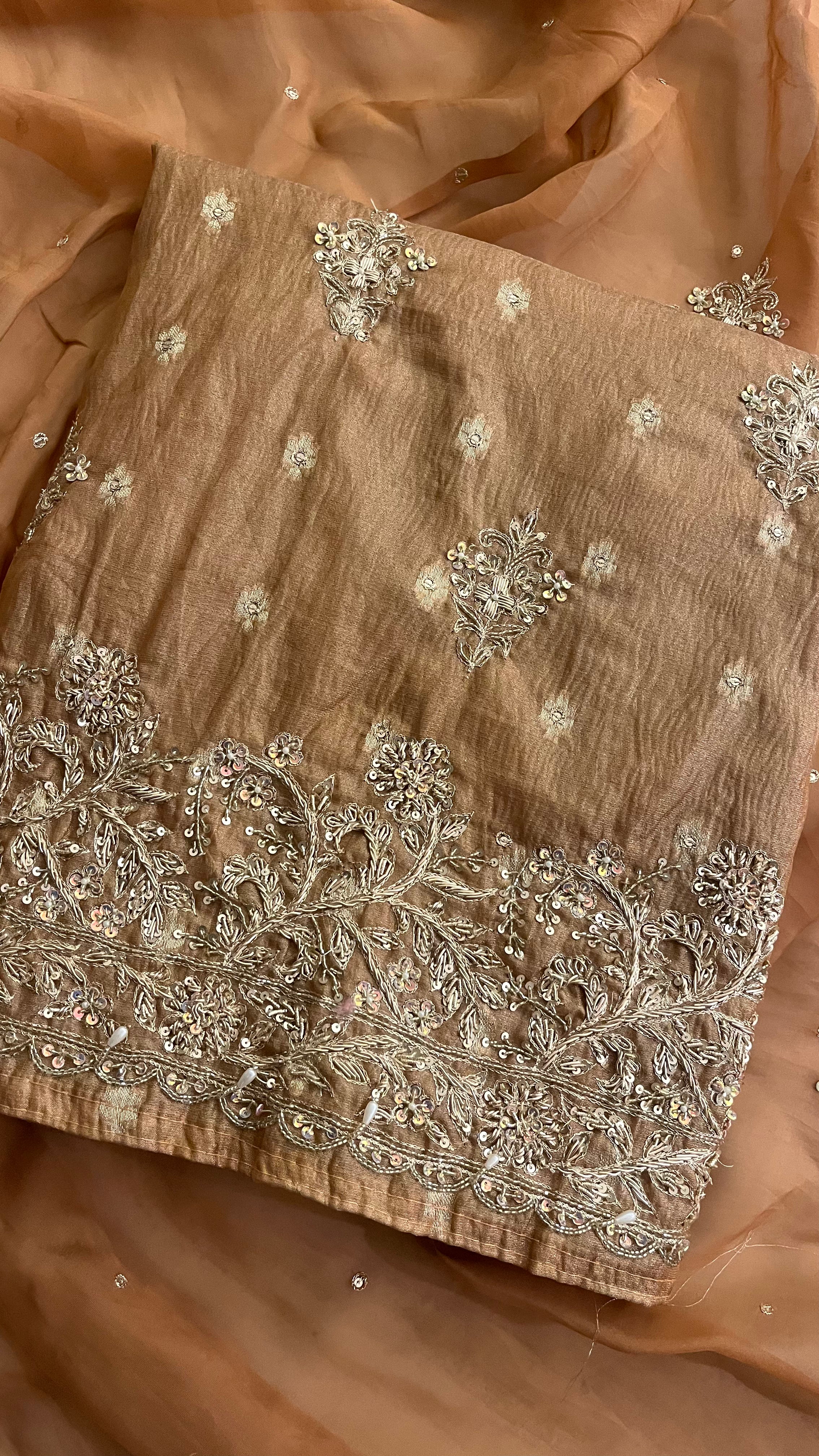 CHAMPAGNE EMBROIDERED ORGANZA UNSTITCHED SUIT SET