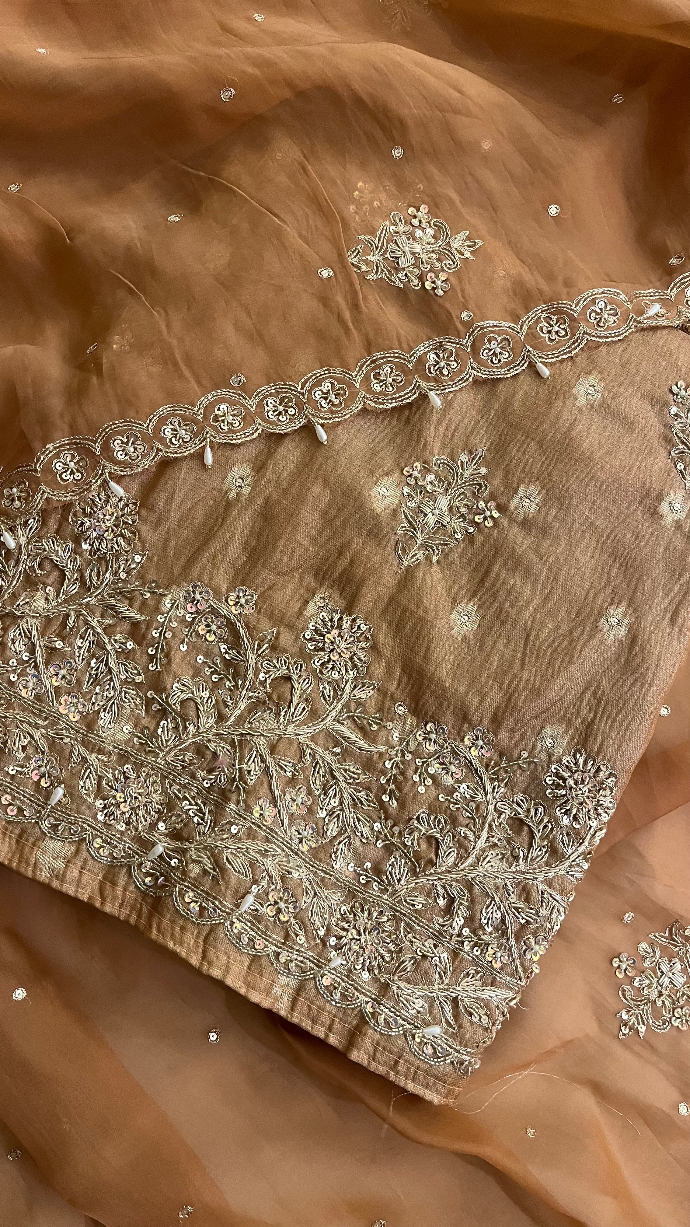 CHAMPAGNE EMBROIDERED ORGANZA UNSTITCHED SUIT SET