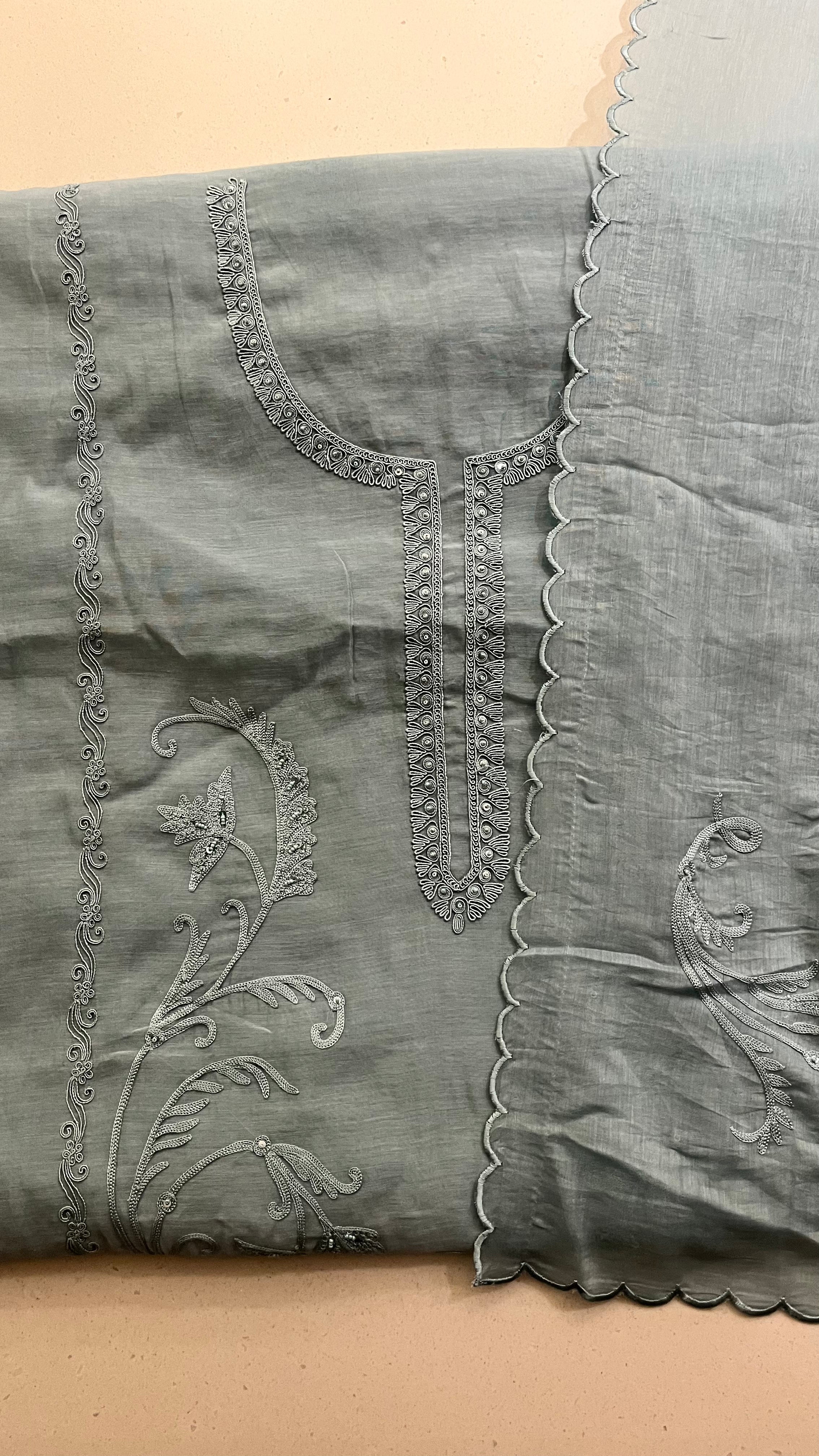 STEEL BLUE EMBROIDERED UNSTITCHED SUIT WITH SCALLOP DUPATTA