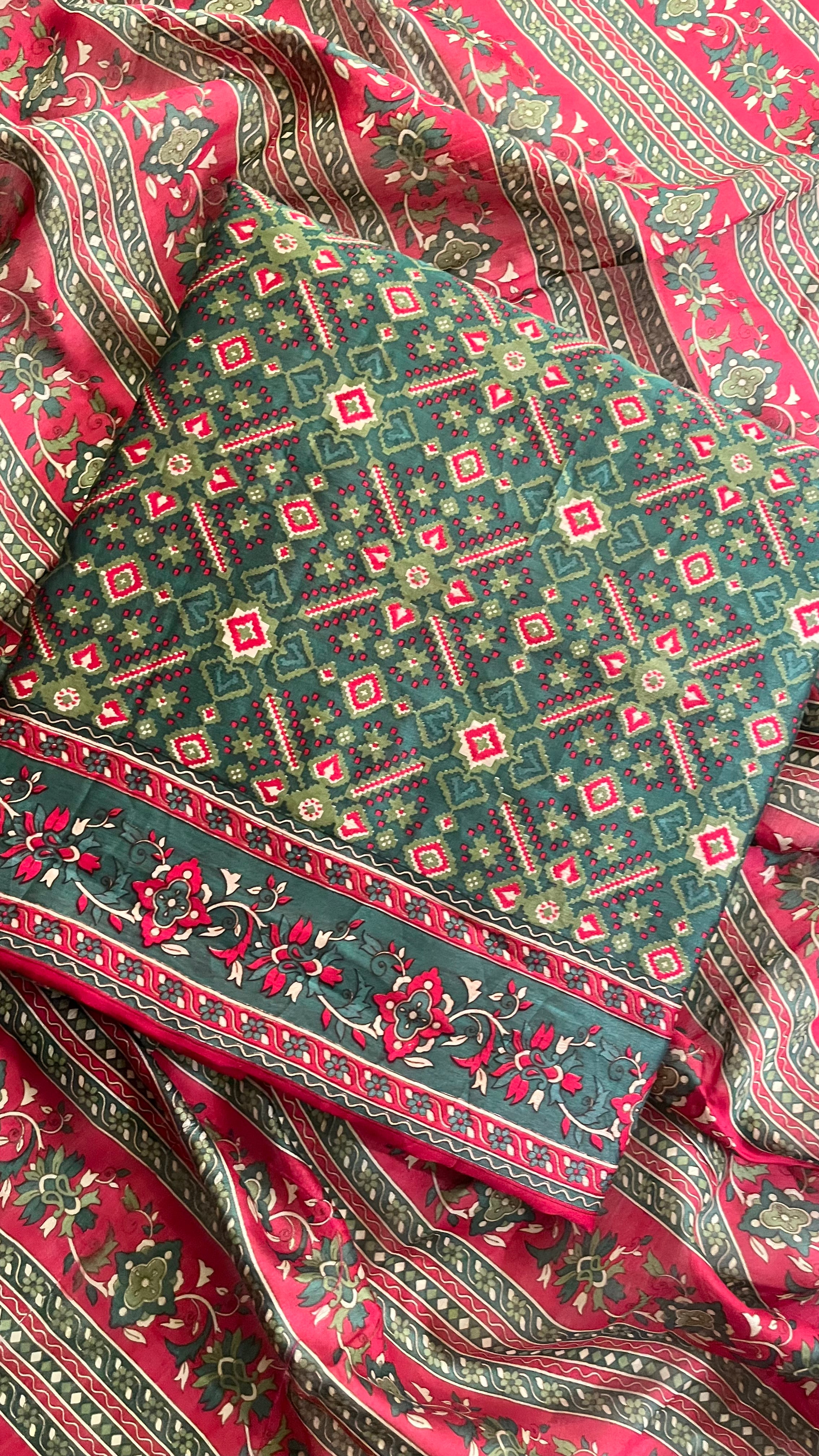 RED & OLIVE TRADITIONAL PRINTED UNSTITCHED SUIT