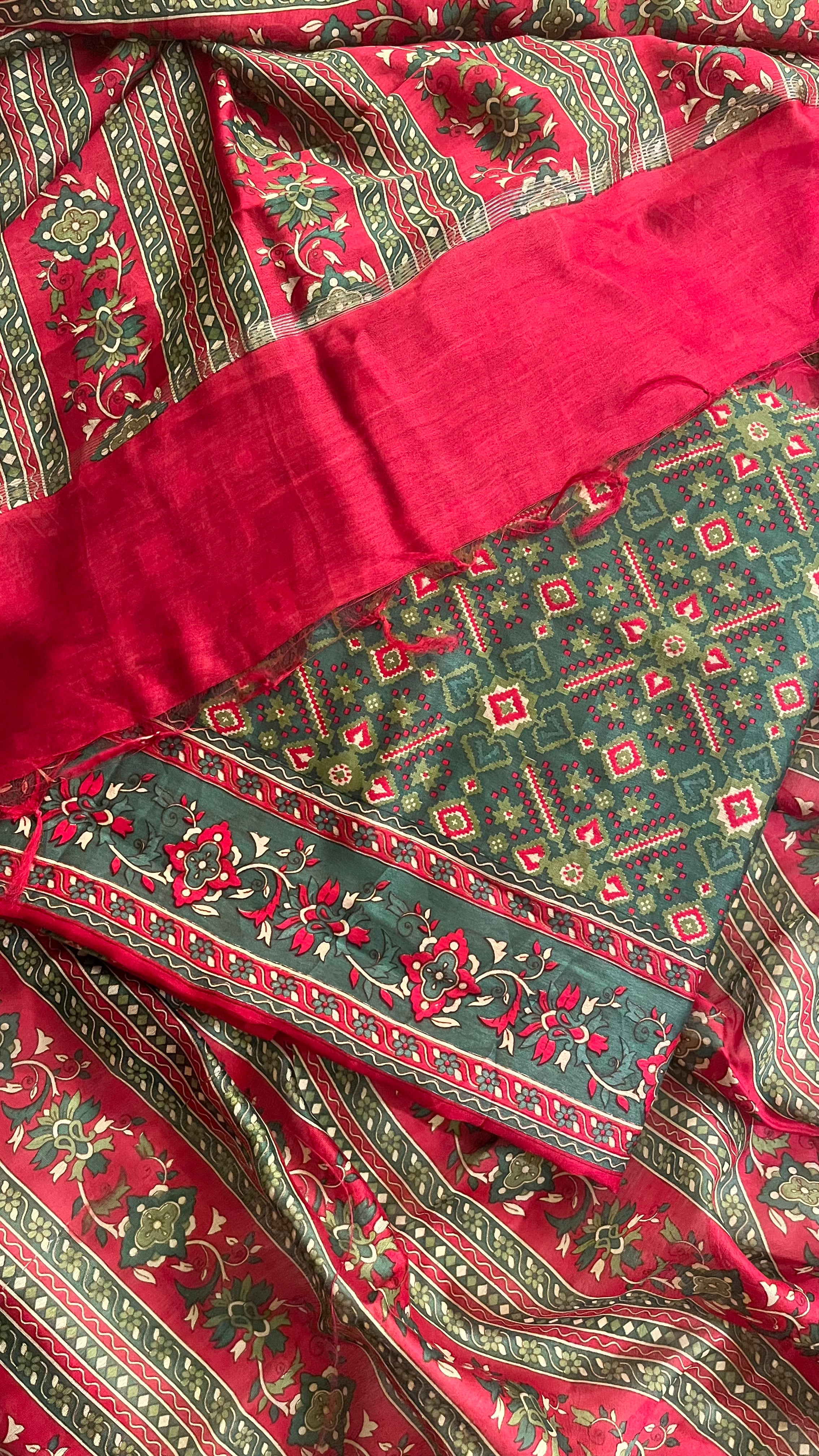 RED & OLIVE TRADITIONAL PRINTED UNSTITCHED SUIT