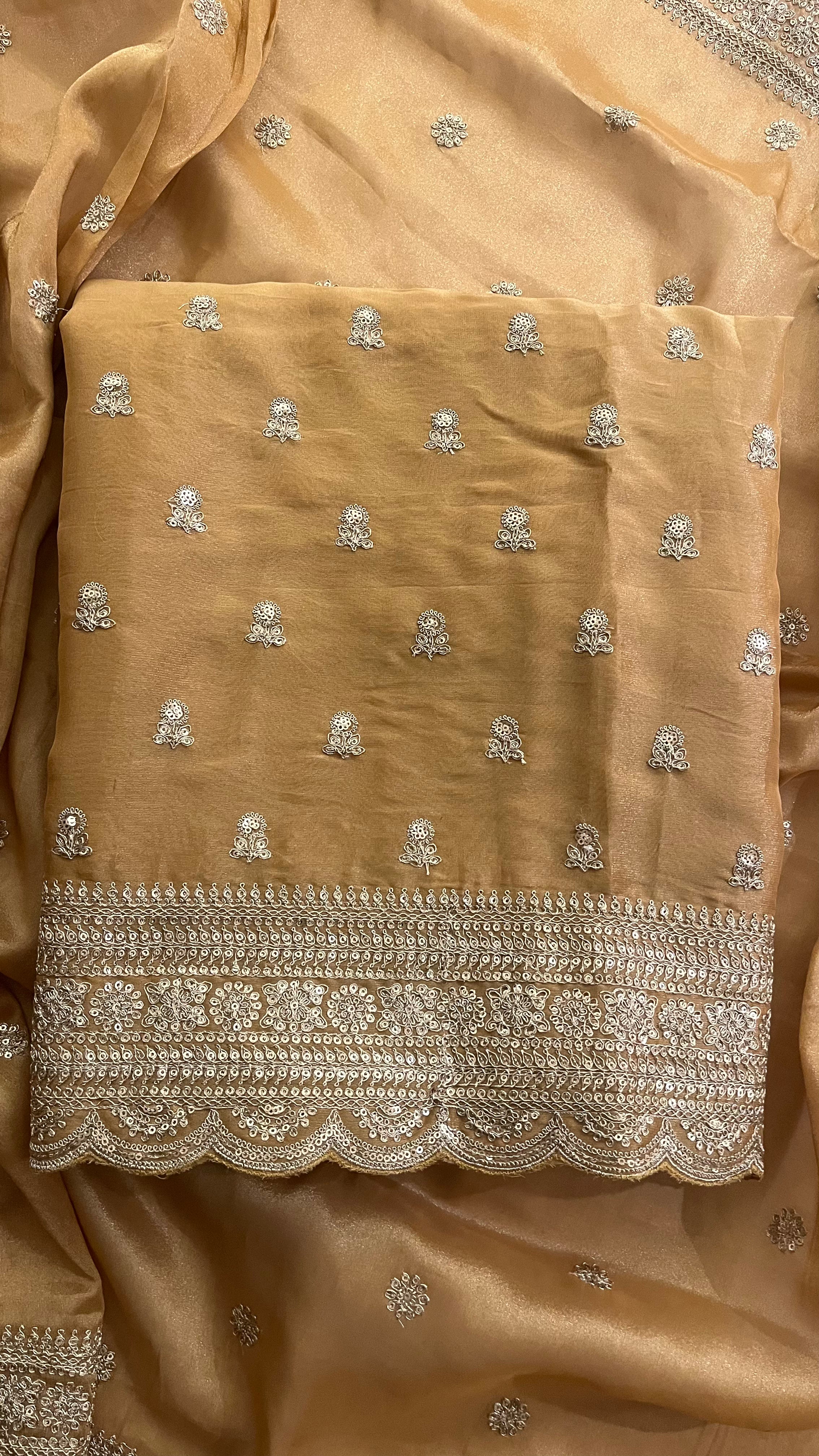 BEIGE HEAVY EMBROIDERED ORGANZA UNSTITCHED SUIT