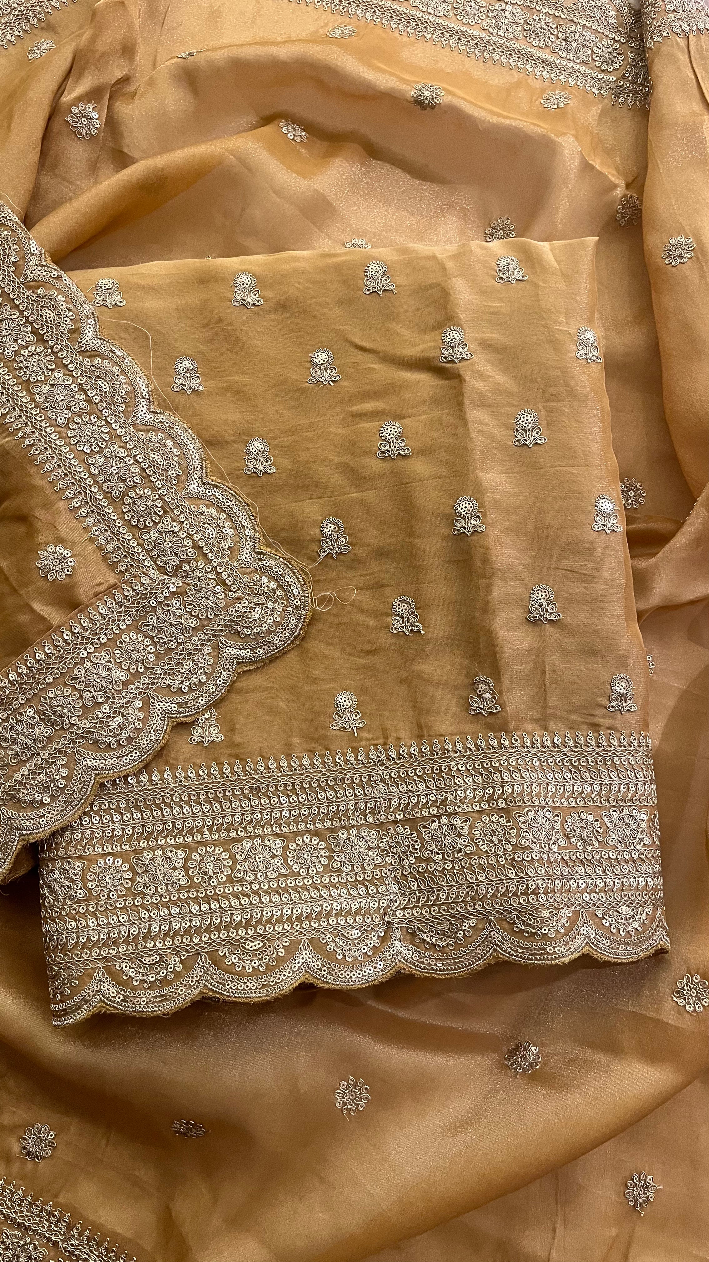 BEIGE HEAVY EMBROIDERED ORGANZA UNSTITCHED SUIT