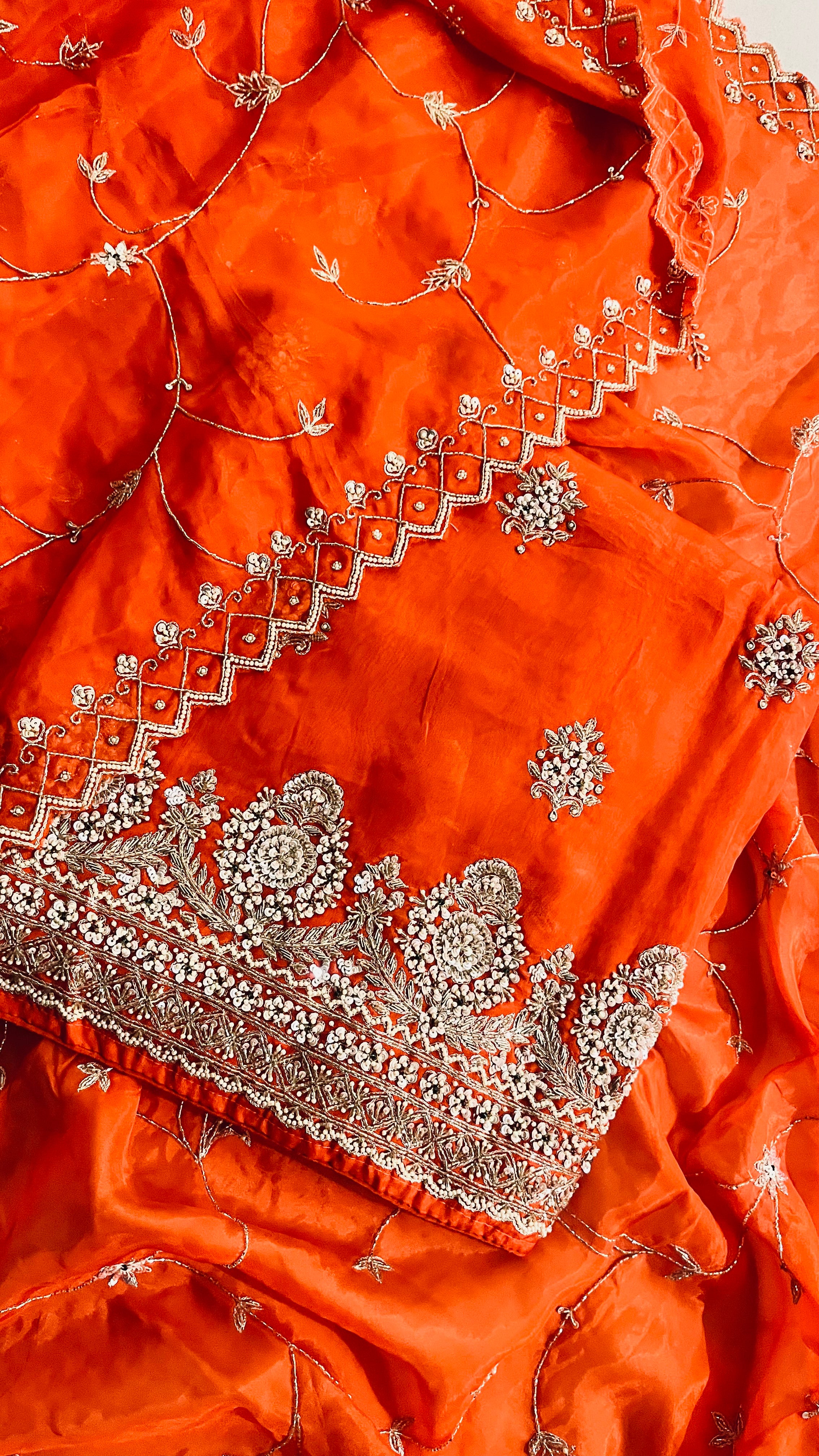 ORANGE HEAVY EMBROIDERED ORGANZA UNSTITCHED SUIT SET
