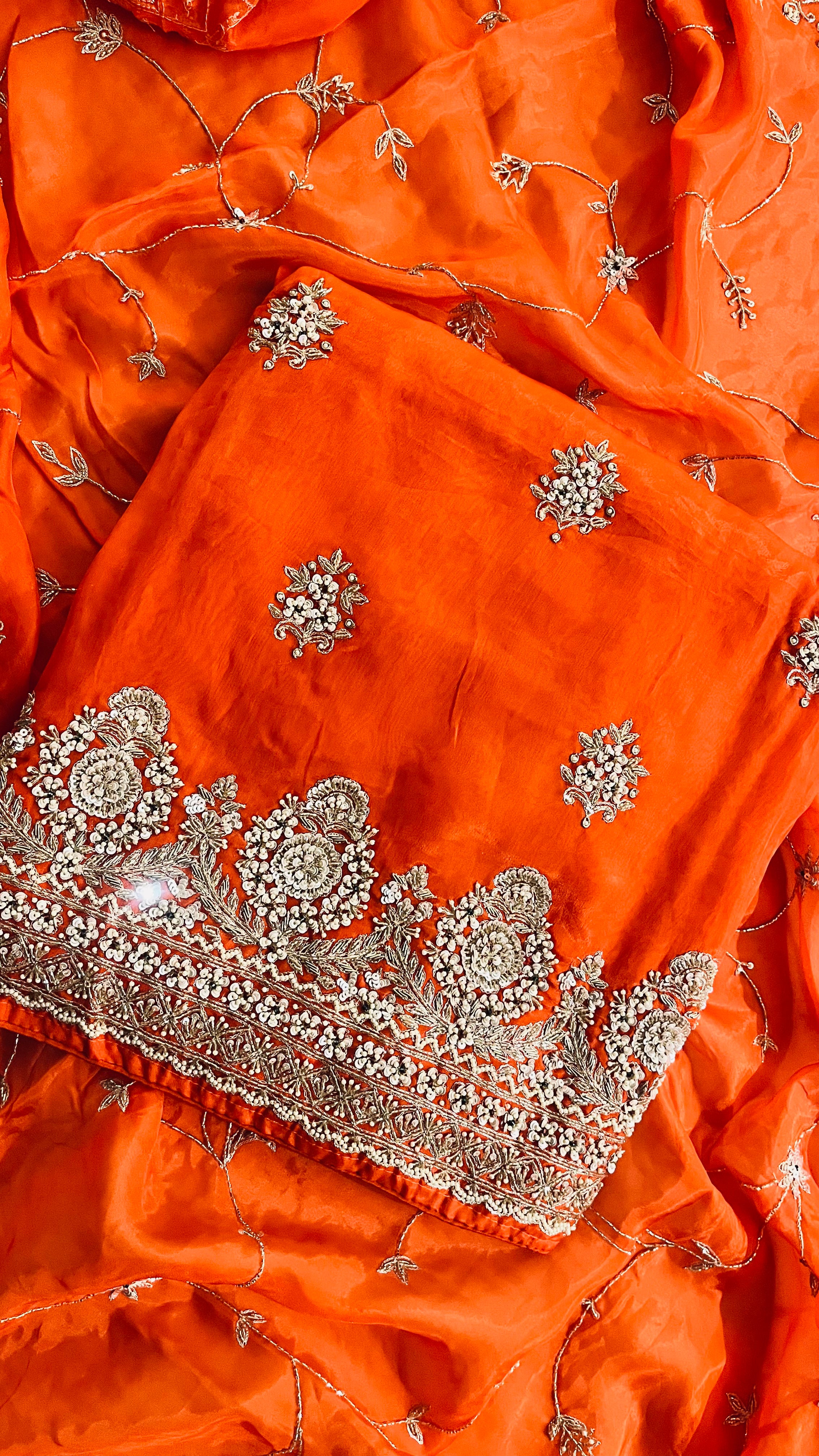 ORANGE HEAVY EMBROIDERED ORGANZA UNSTITCHED SUIT SET