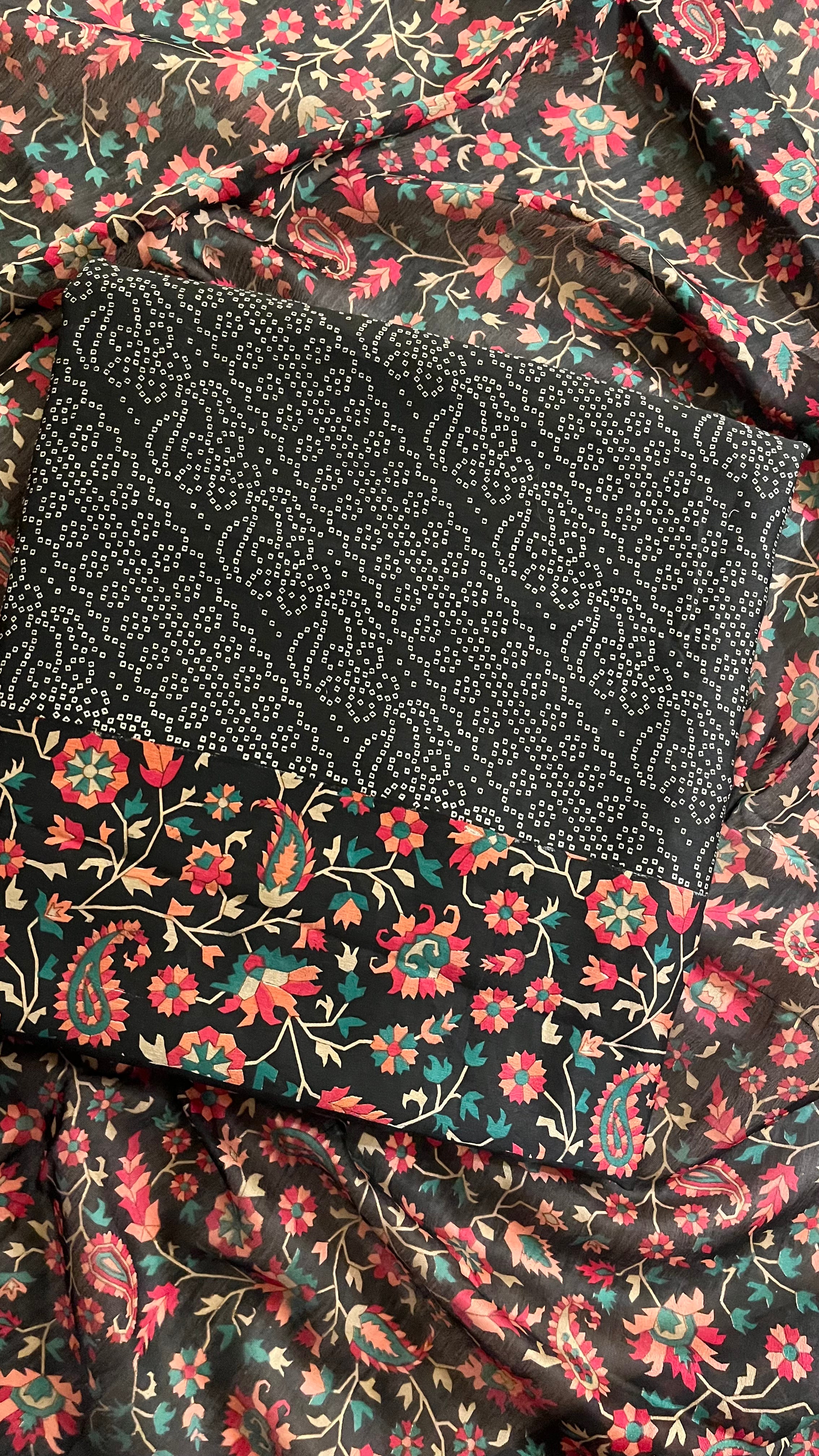 BLACK FLORAL PRINT COTTON UNSTITCHED SUIT SET