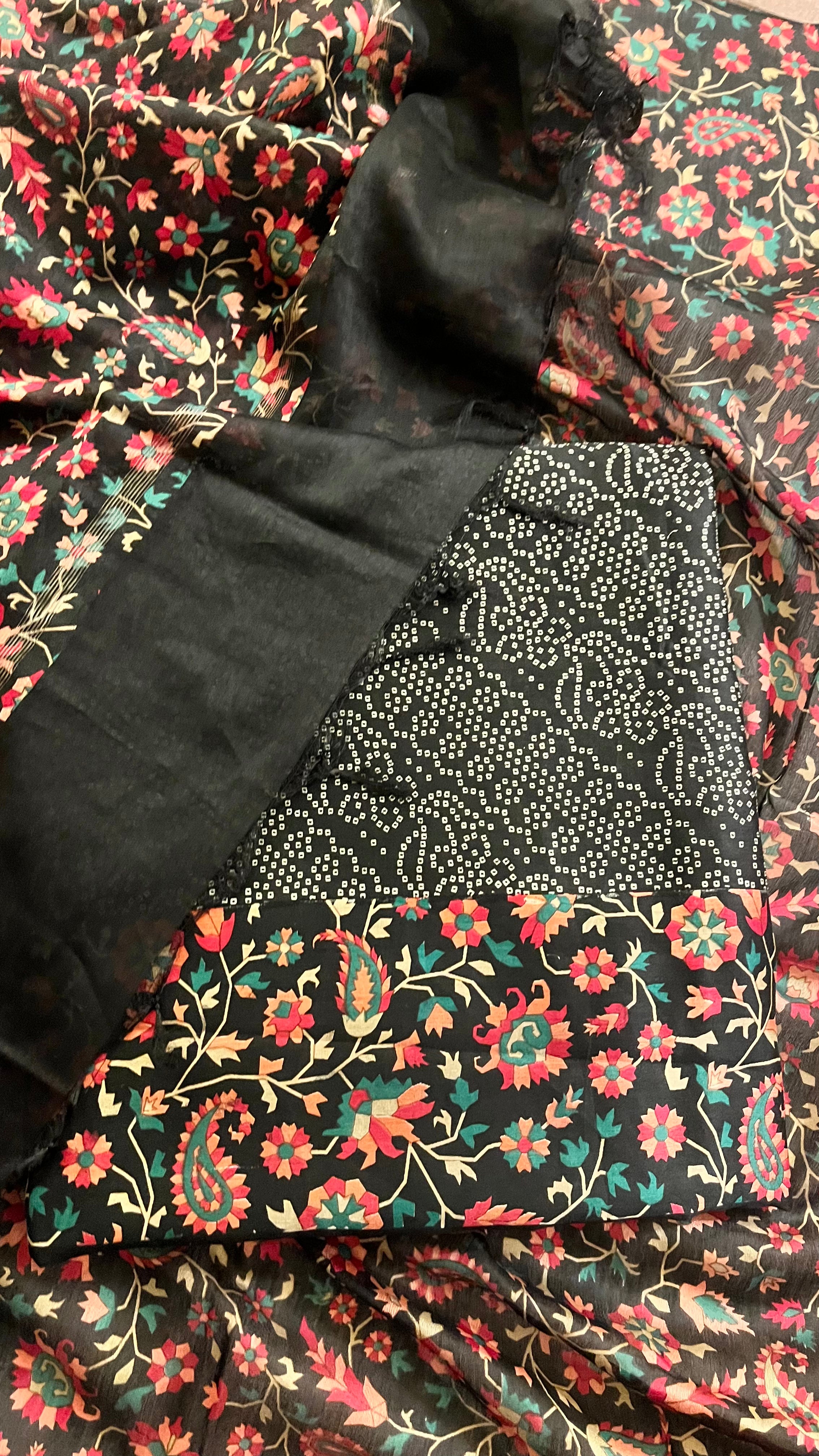BLACK FLORAL PRINT COTTON UNSTITCHED SUIT SET