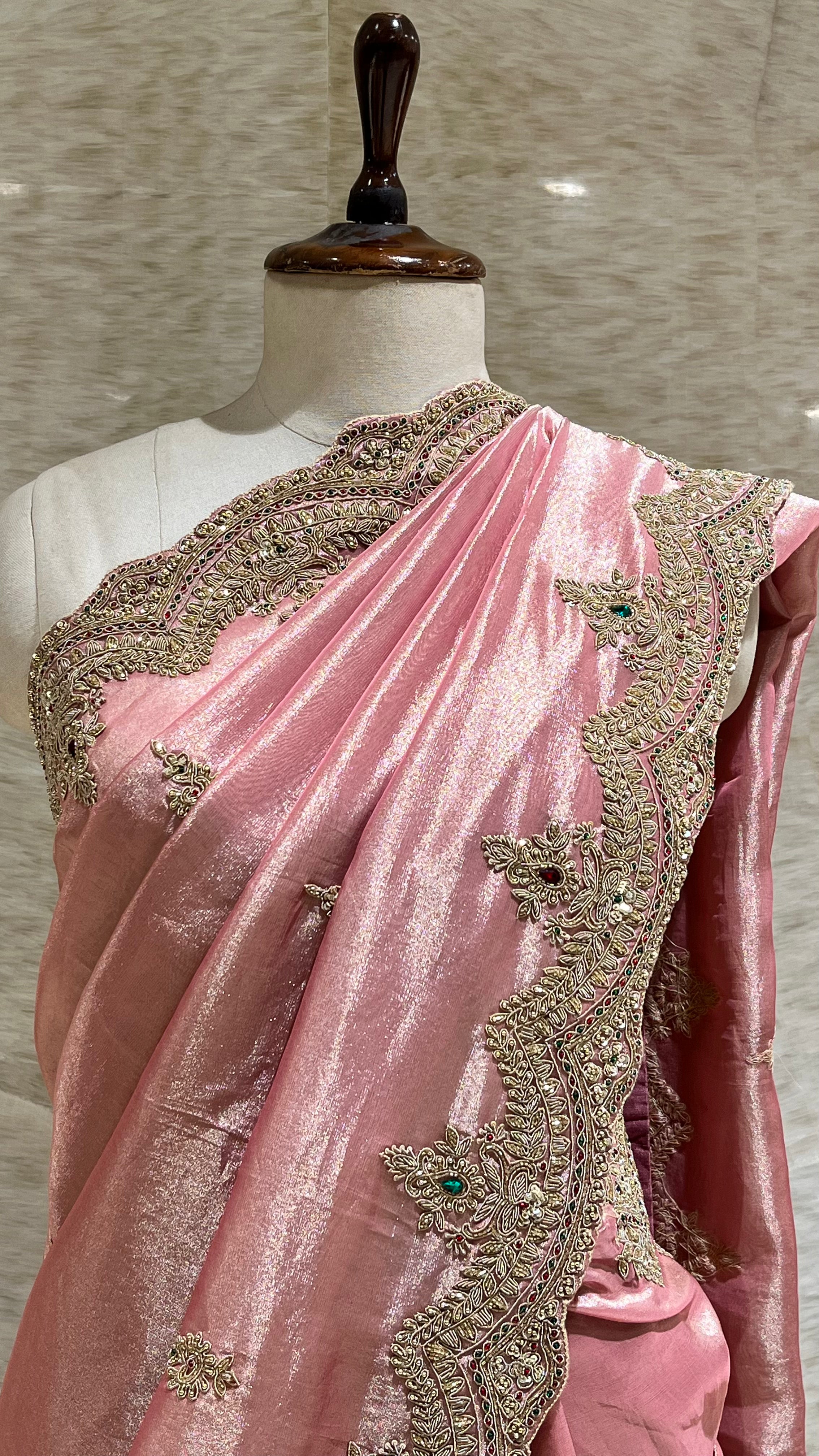 BLUSH PINK HAND EMBROIDERED DESIGNER SAREE