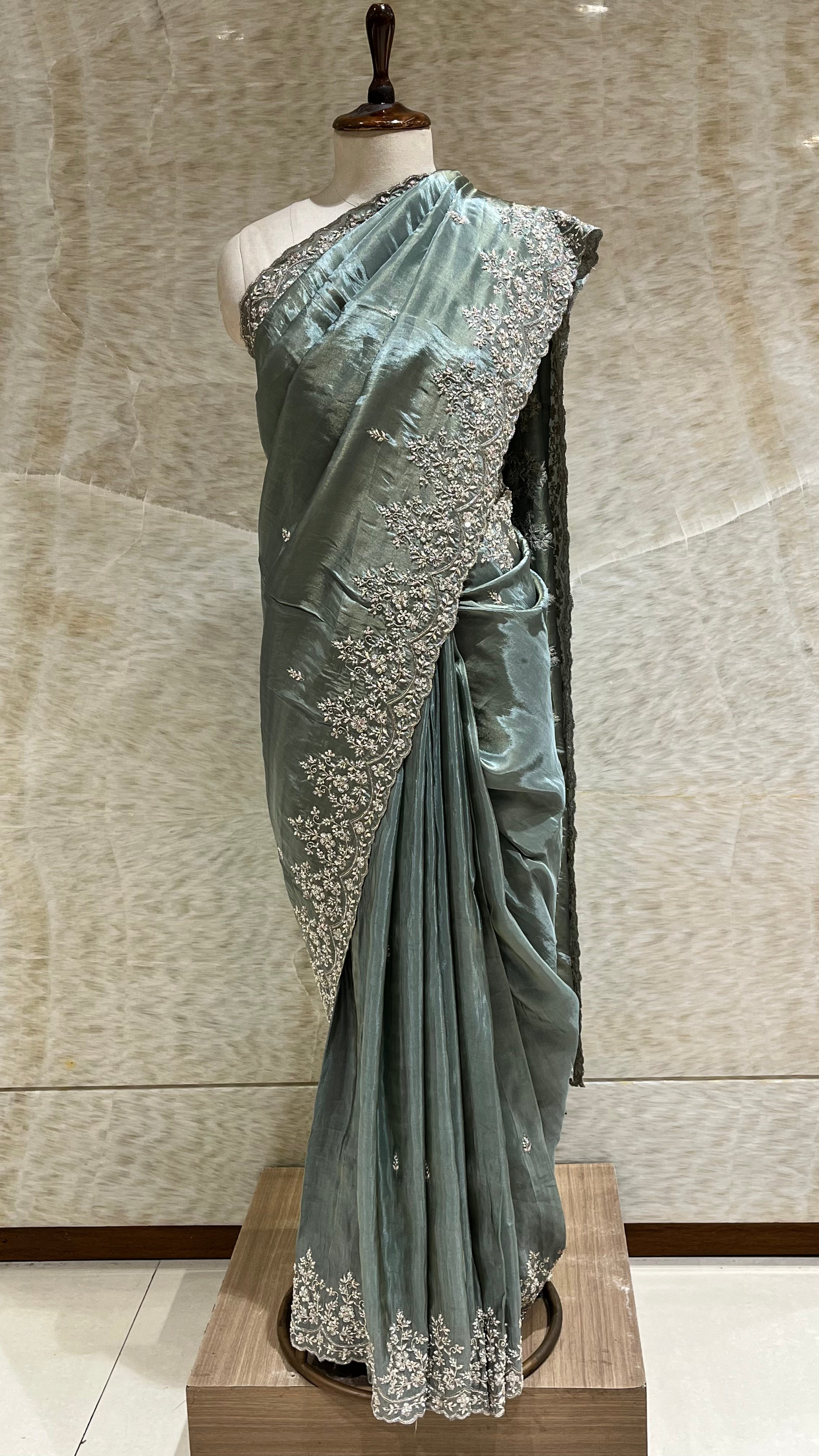DUSTY TEAL EMBROIDERED DESIGNER SAREE