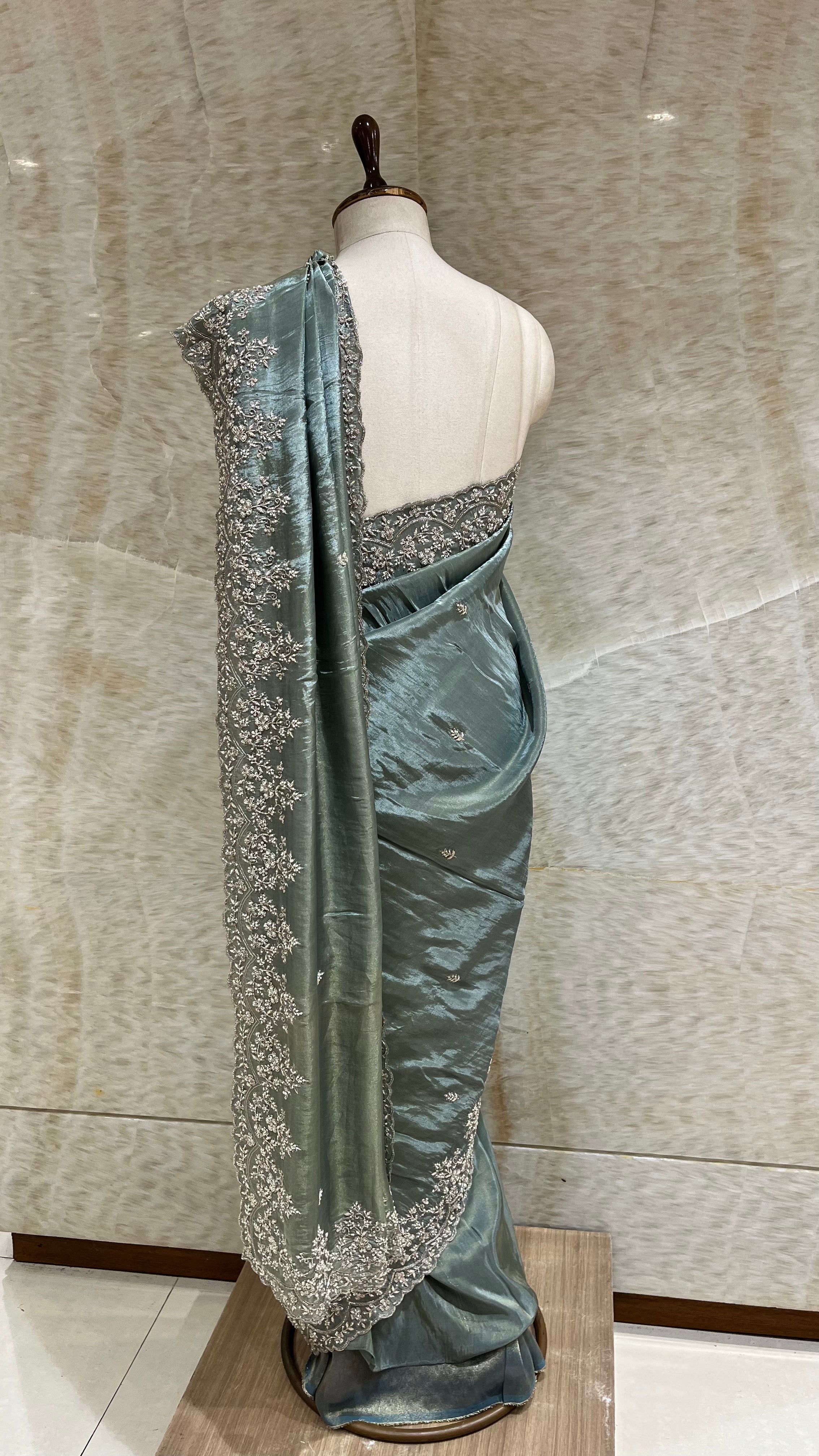 DUSTY TEAL EMBROIDERED DESIGNER SAREE