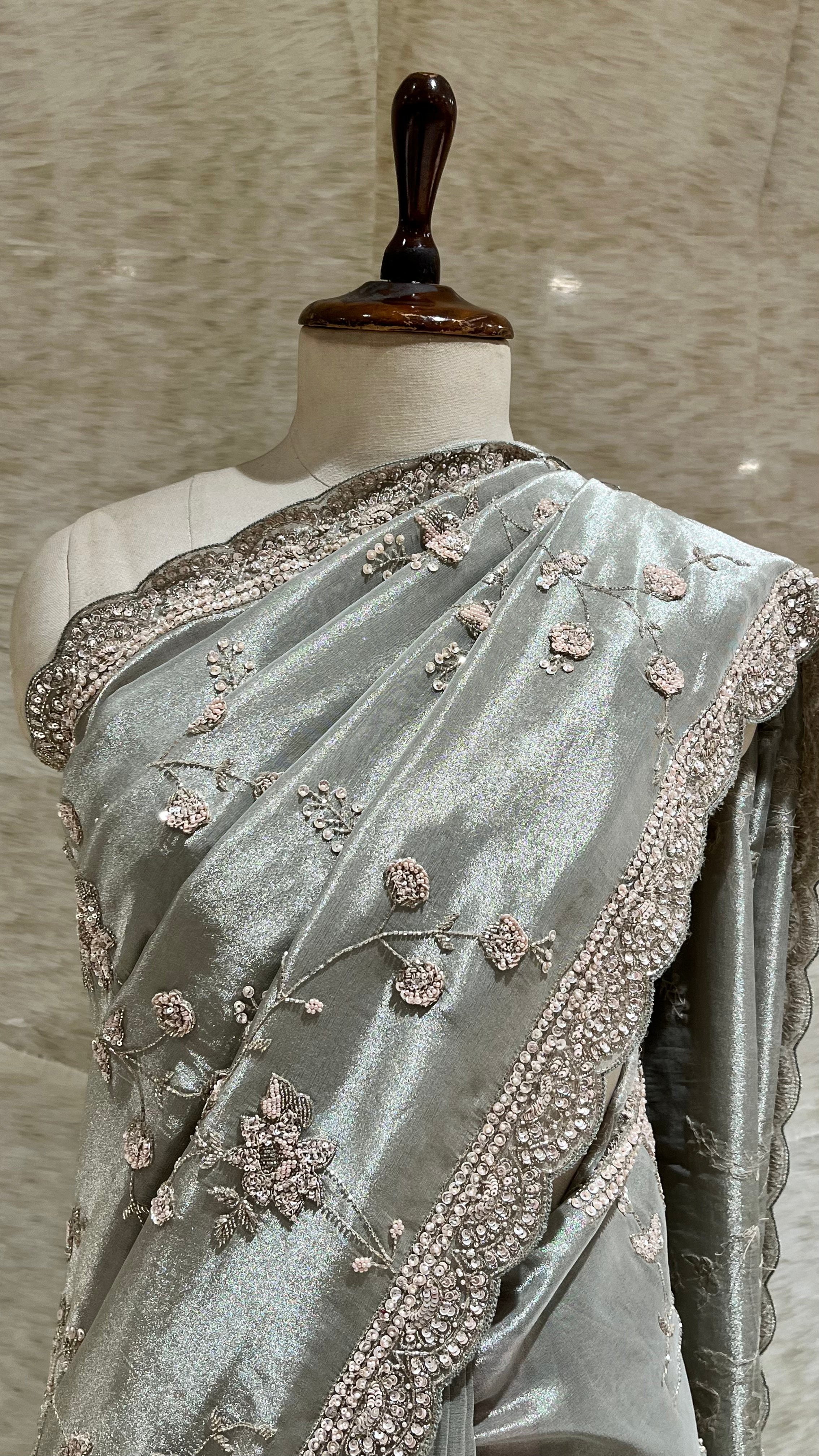 SILVER GREY FLORAL EMBROIDERED DESIGNER SAREE