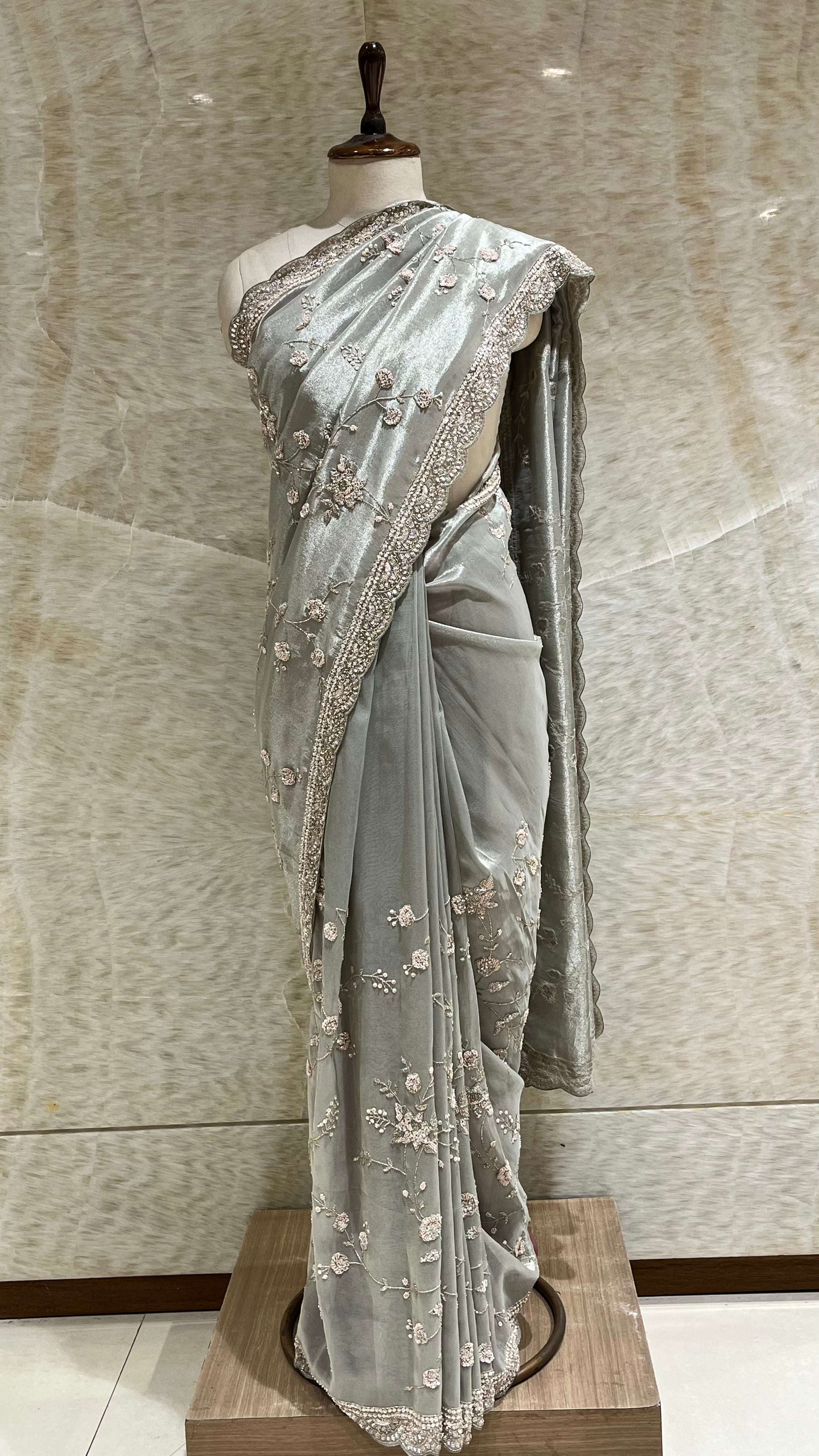 SILVER GREY FLORAL EMBROIDERED DESIGNER SAREE