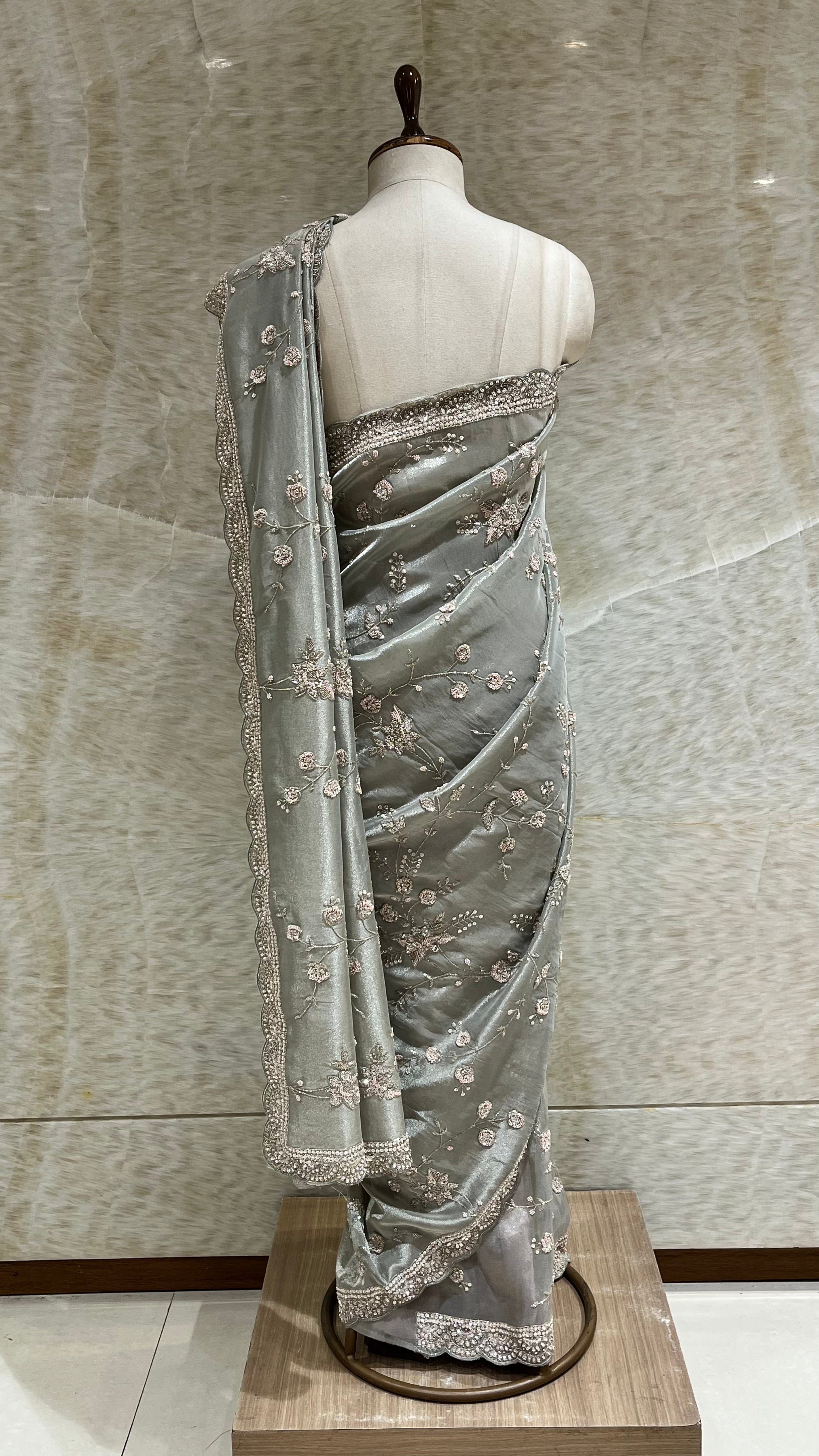 SILVER GREY FLORAL EMBROIDERED DESIGNER SAREE