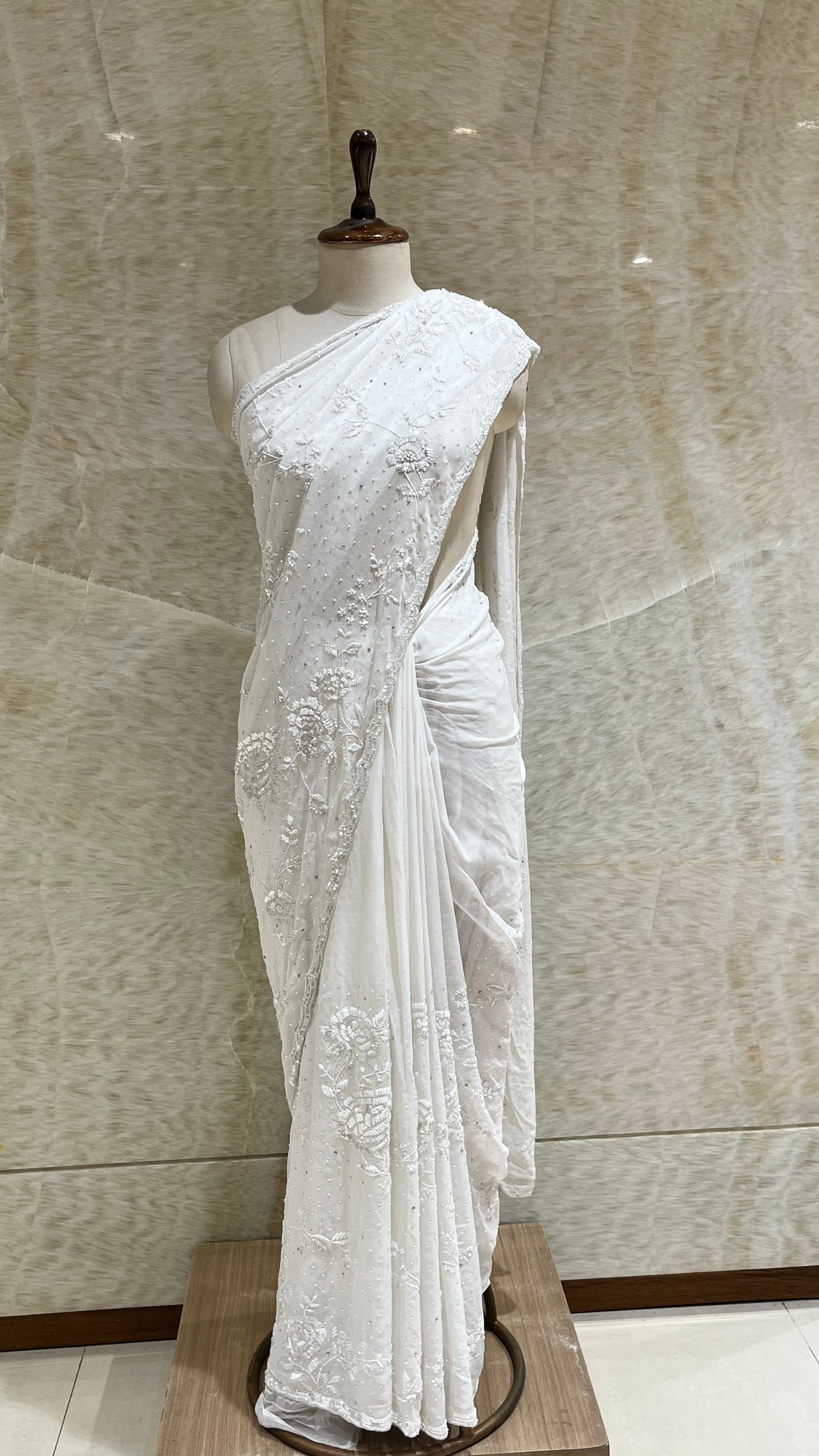 WHITE HAND EMBROIDERED DESIGNER SAREE