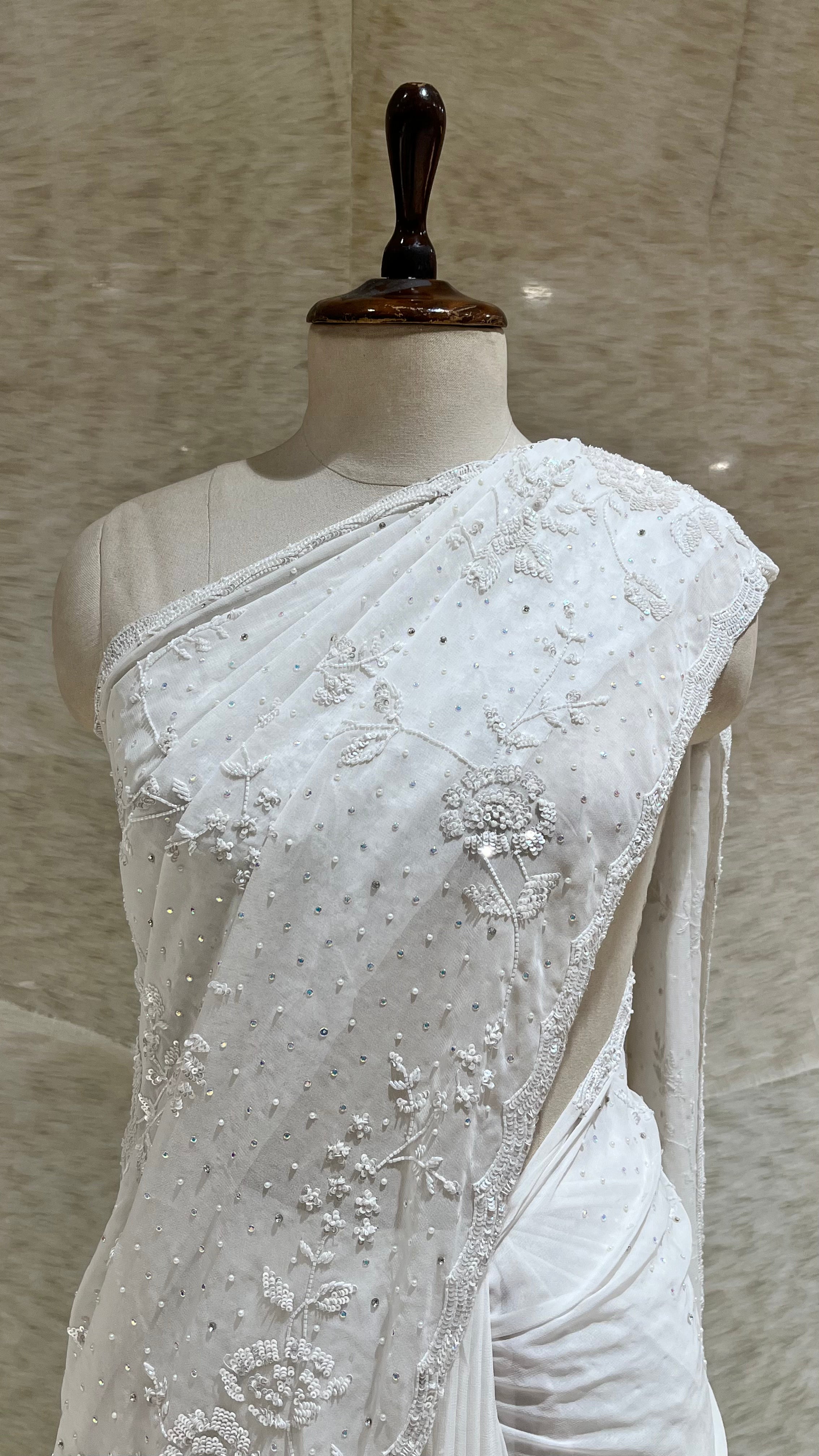 WHITE HAND EMBROIDERED DESIGNER SAREE