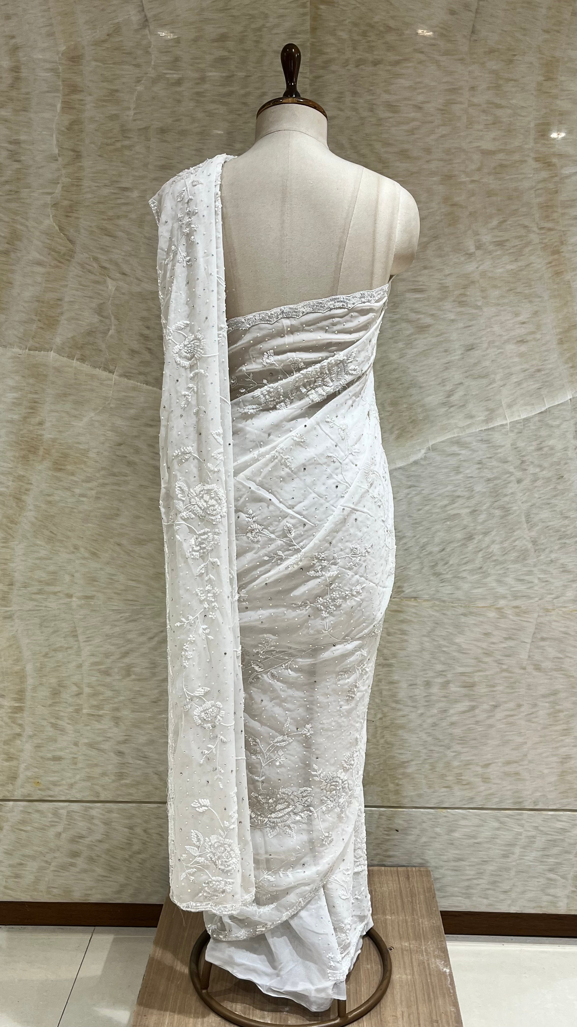 WHITE HAND EMBROIDERED DESIGNER SAREE