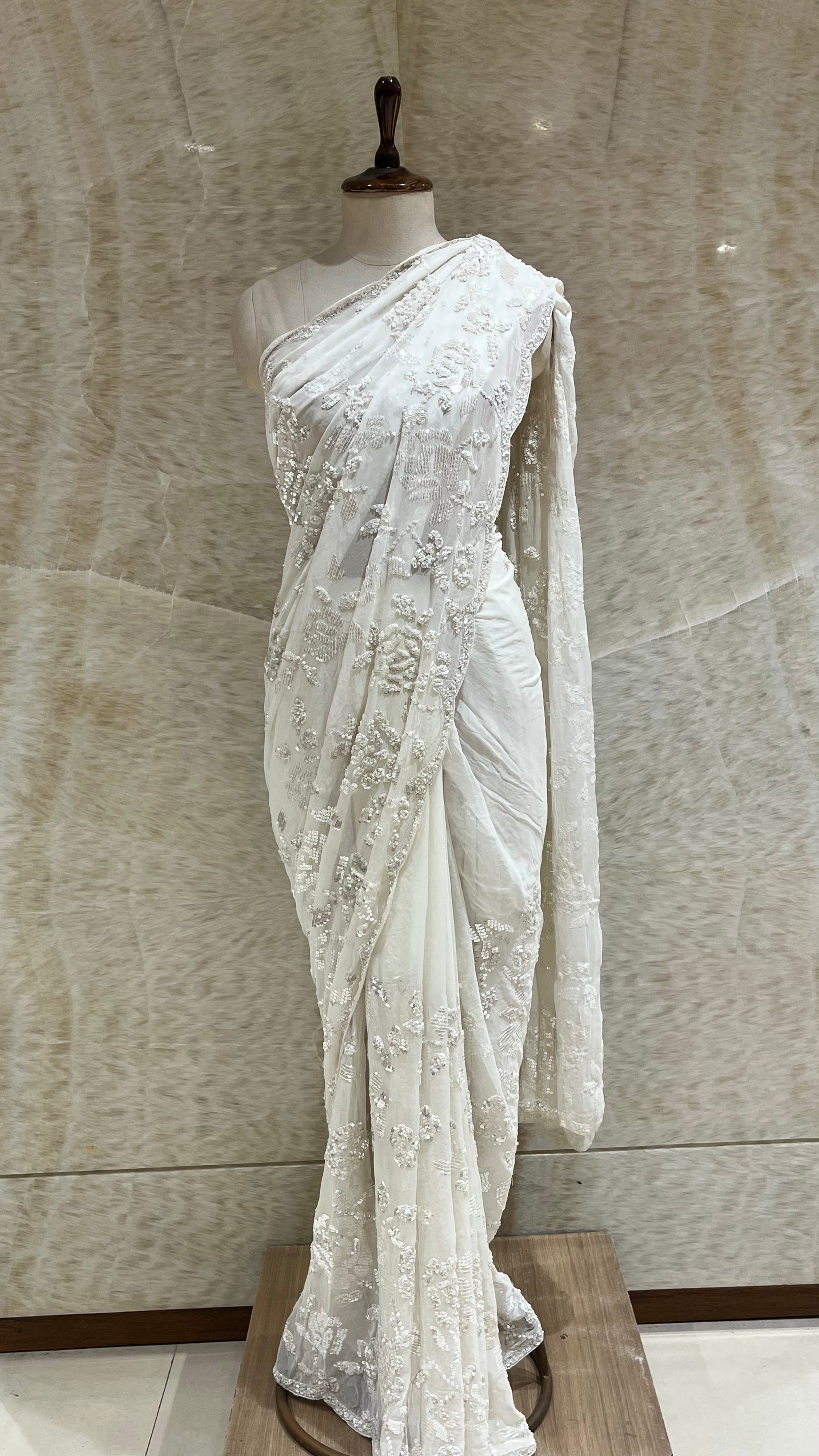 WHITE FLORAL EMBROIDERED DESIGNER SAREE