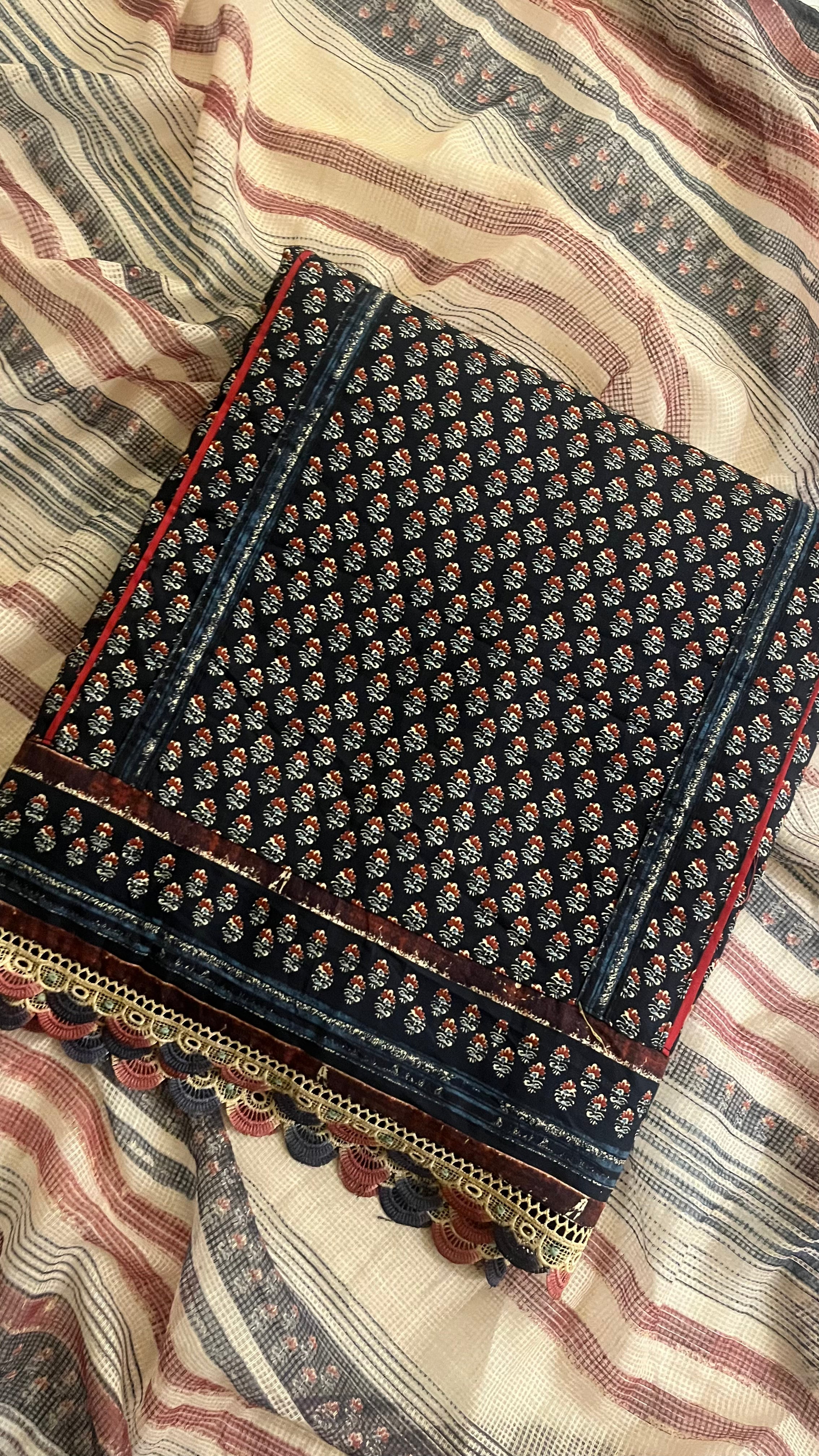 BLACK & RUST BLOCK PRINTED COTTON UNSTITCHED SUIT
