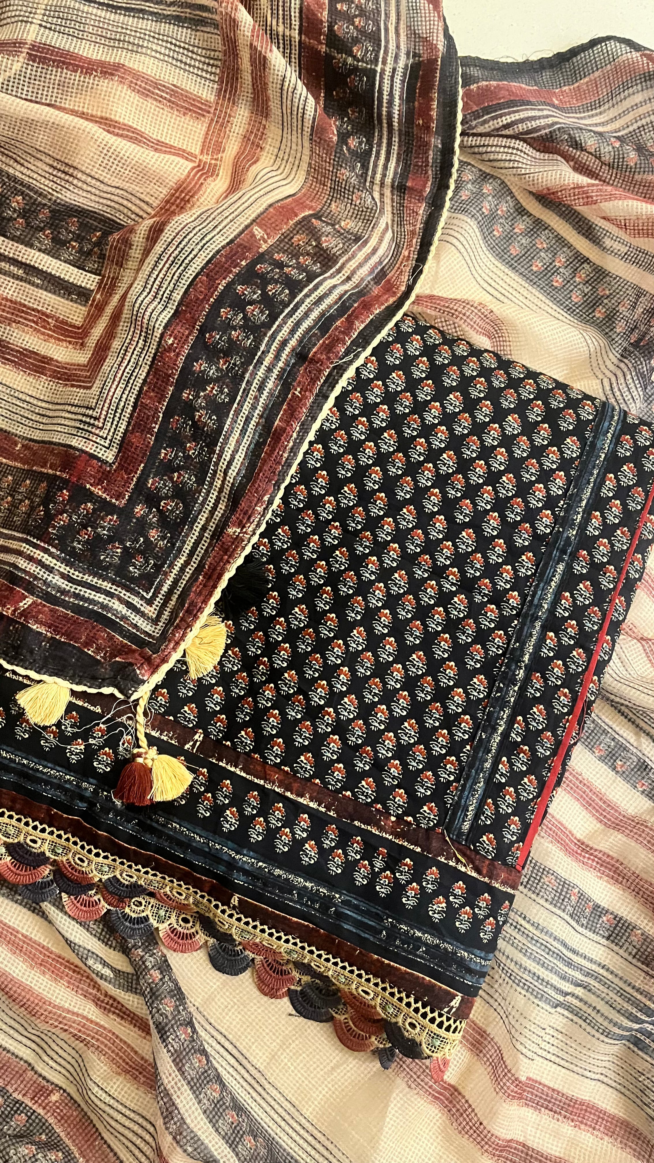 BLACK & RUST BLOCK PRINTED COTTON UNSTITCHED SUIT