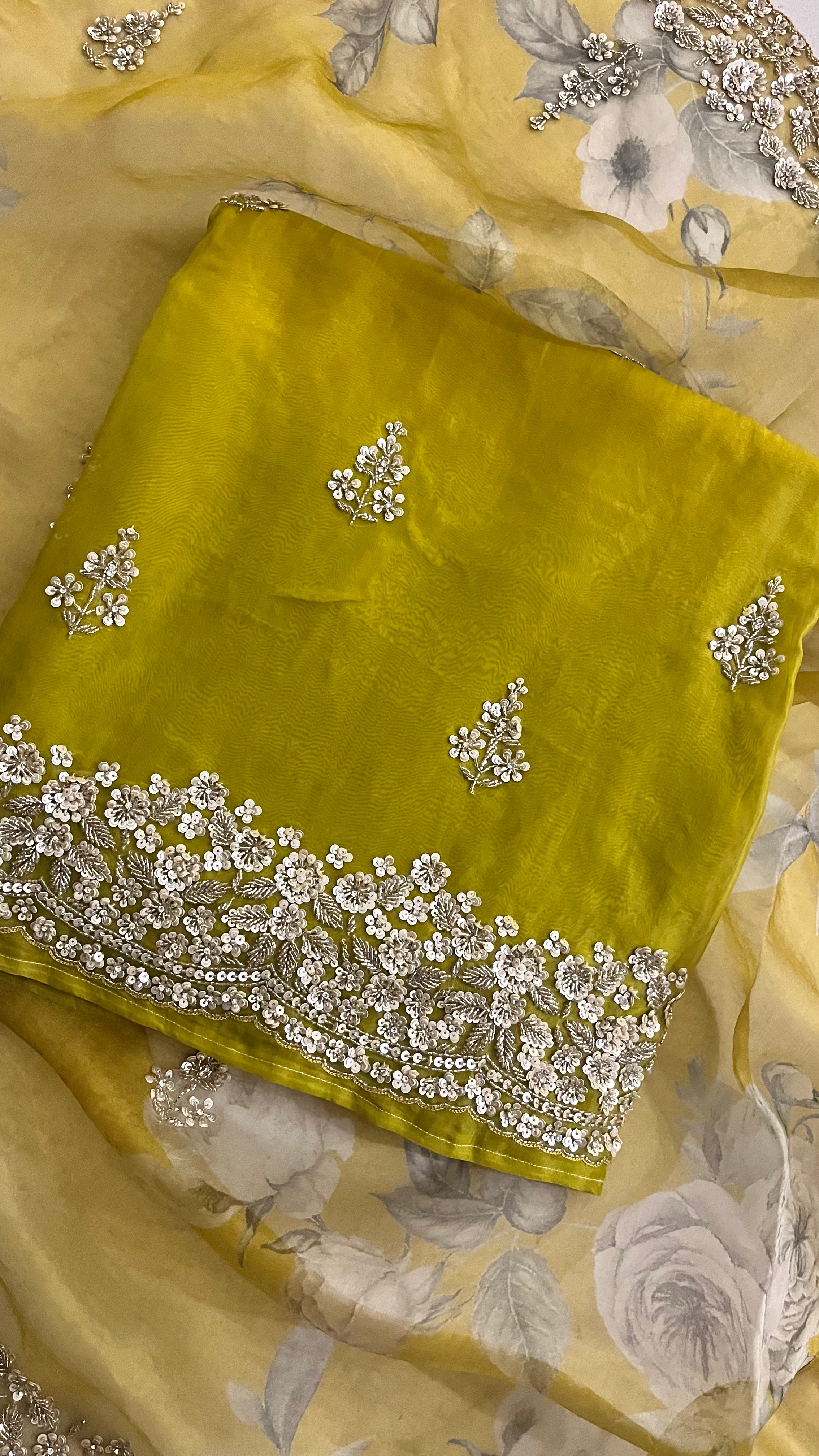 OLIVE GREEN EMBELLISHED ORGANZA UNSTITCHED SUIT