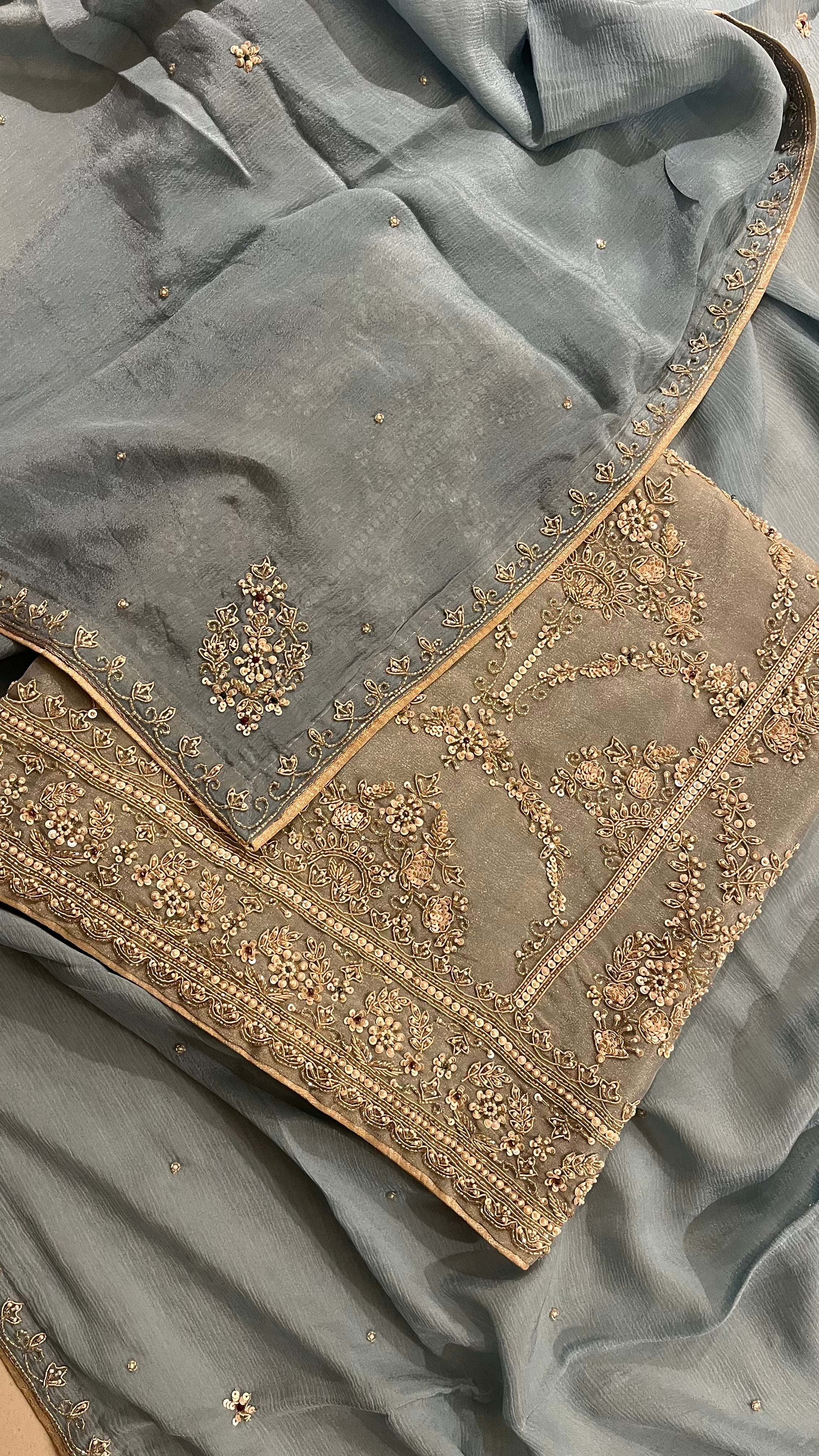 DUSKY GREY GOLD EMBROIDERED UNSTITCHED SUIT