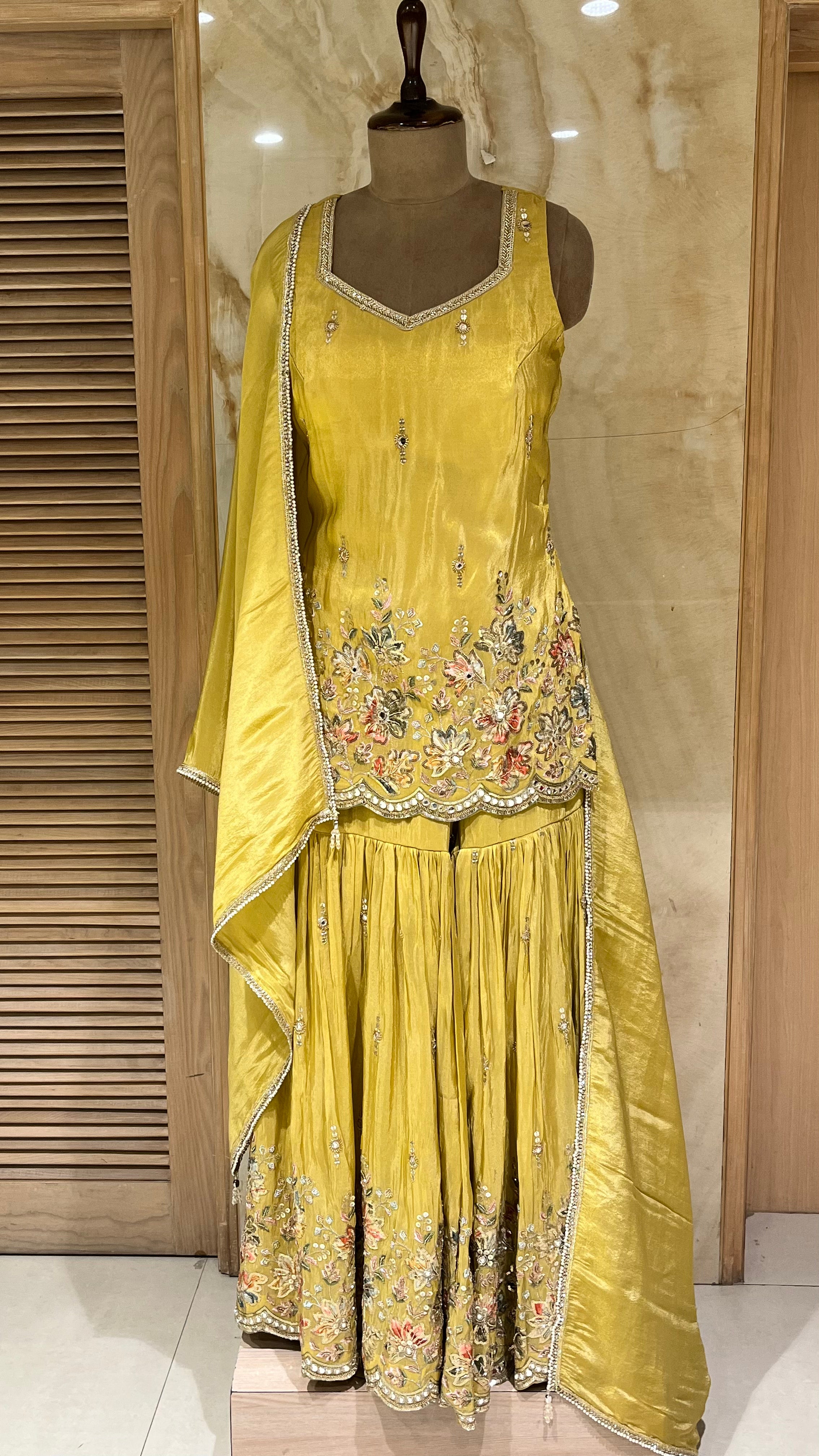 MUSTARD YELLOW FLORAL EMBROIDERED SHARARA SUIT