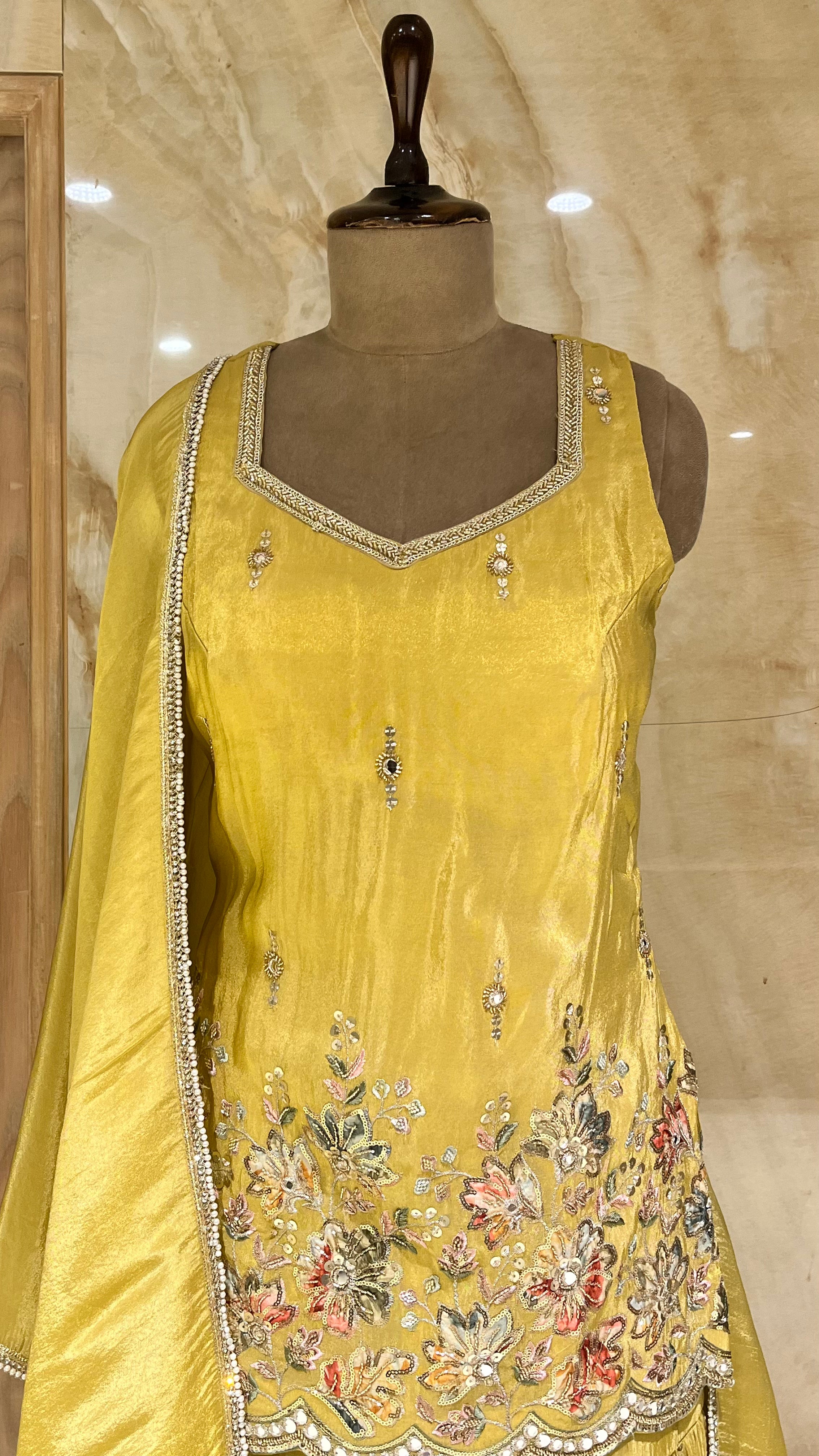 MUSTARD YELLOW FLORAL EMBROIDERED SHARARA SUIT