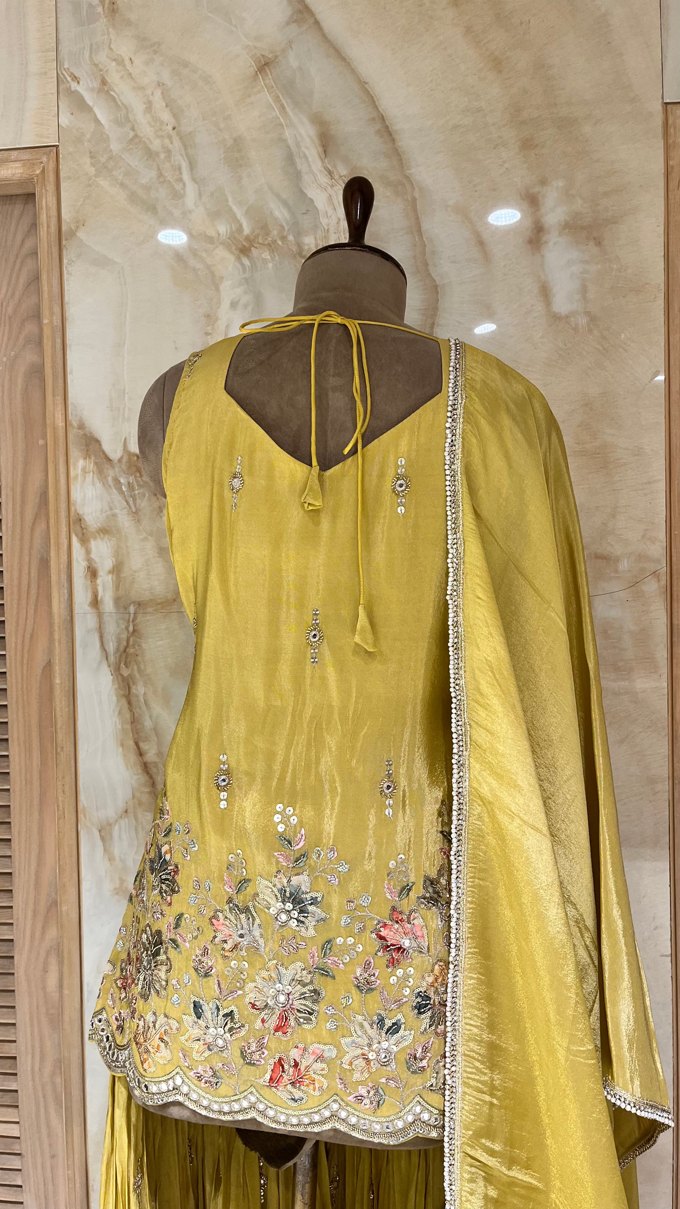 MUSTARD YELLOW FLORAL EMBROIDERED SHARARA SUIT