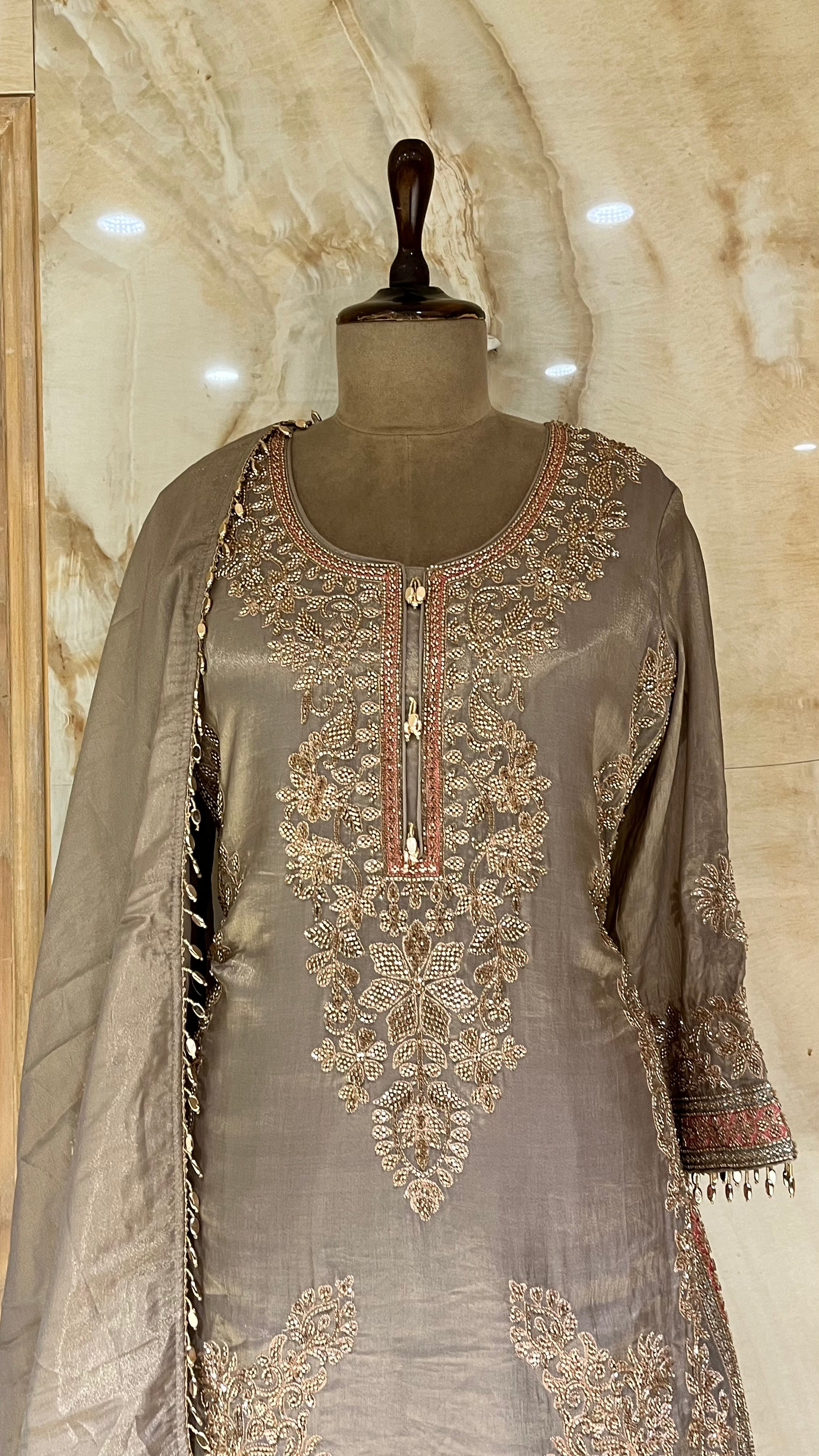 TAUPE GREY EMBROIDERED SHARARA SUIT