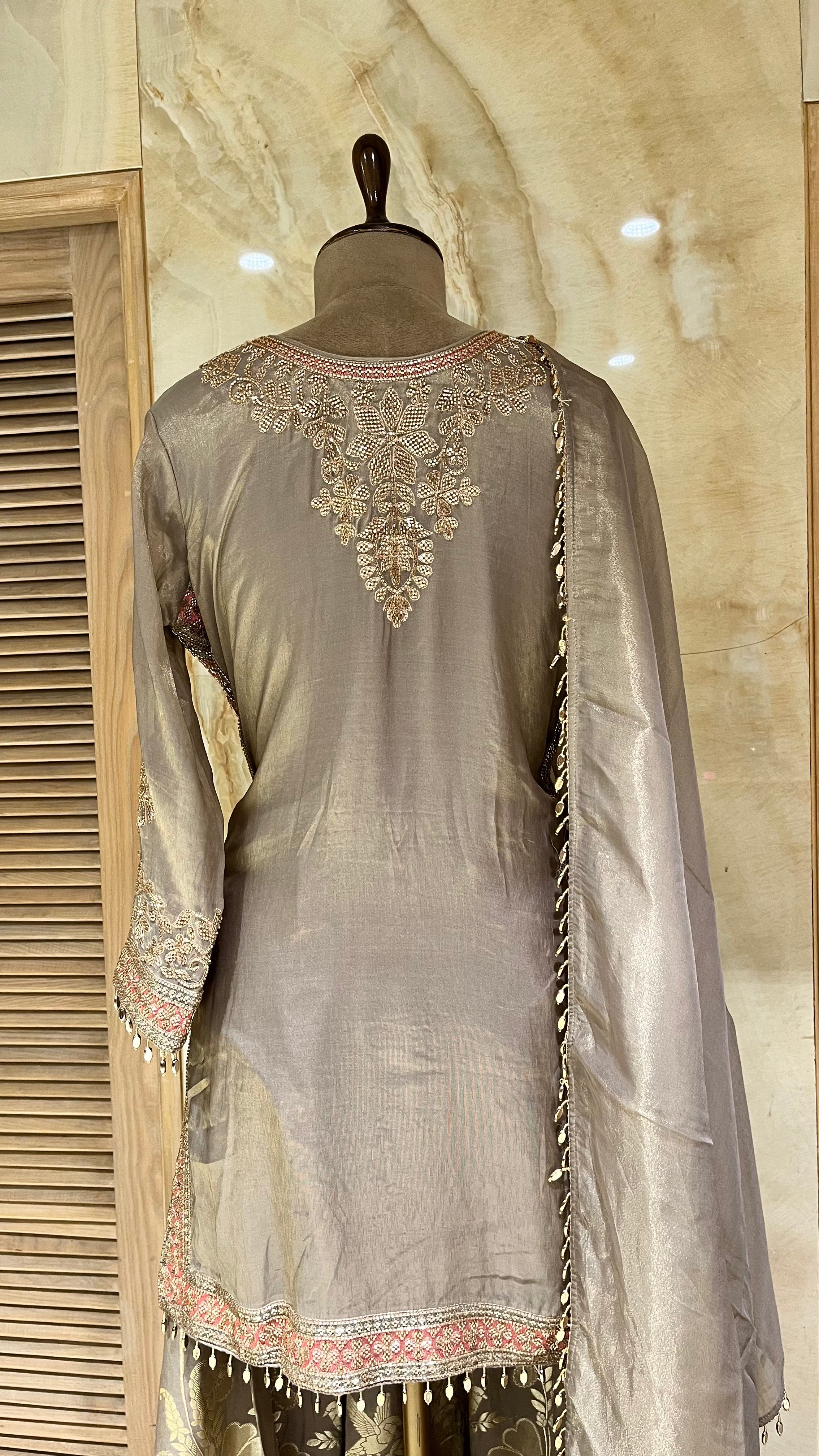 TAUPE GREY EMBROIDERED SHARARA SUIT