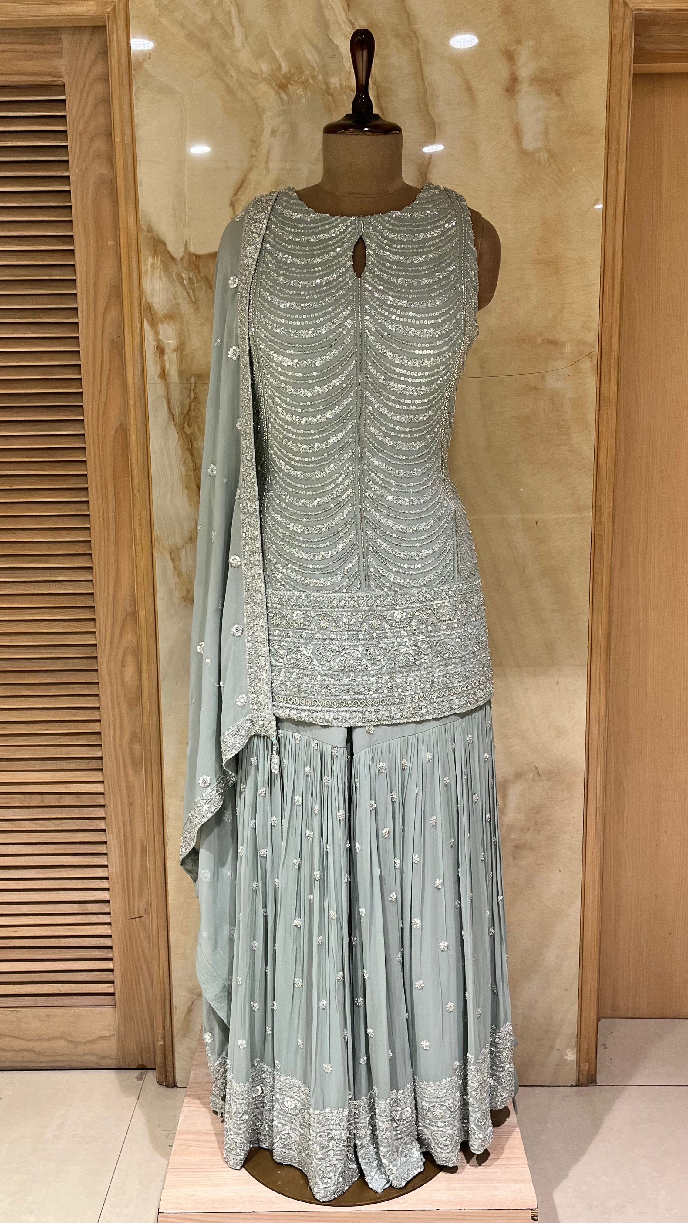 PASTEL MINT GREEN SEQUIN EMBELLISHED SHARARA SUIT